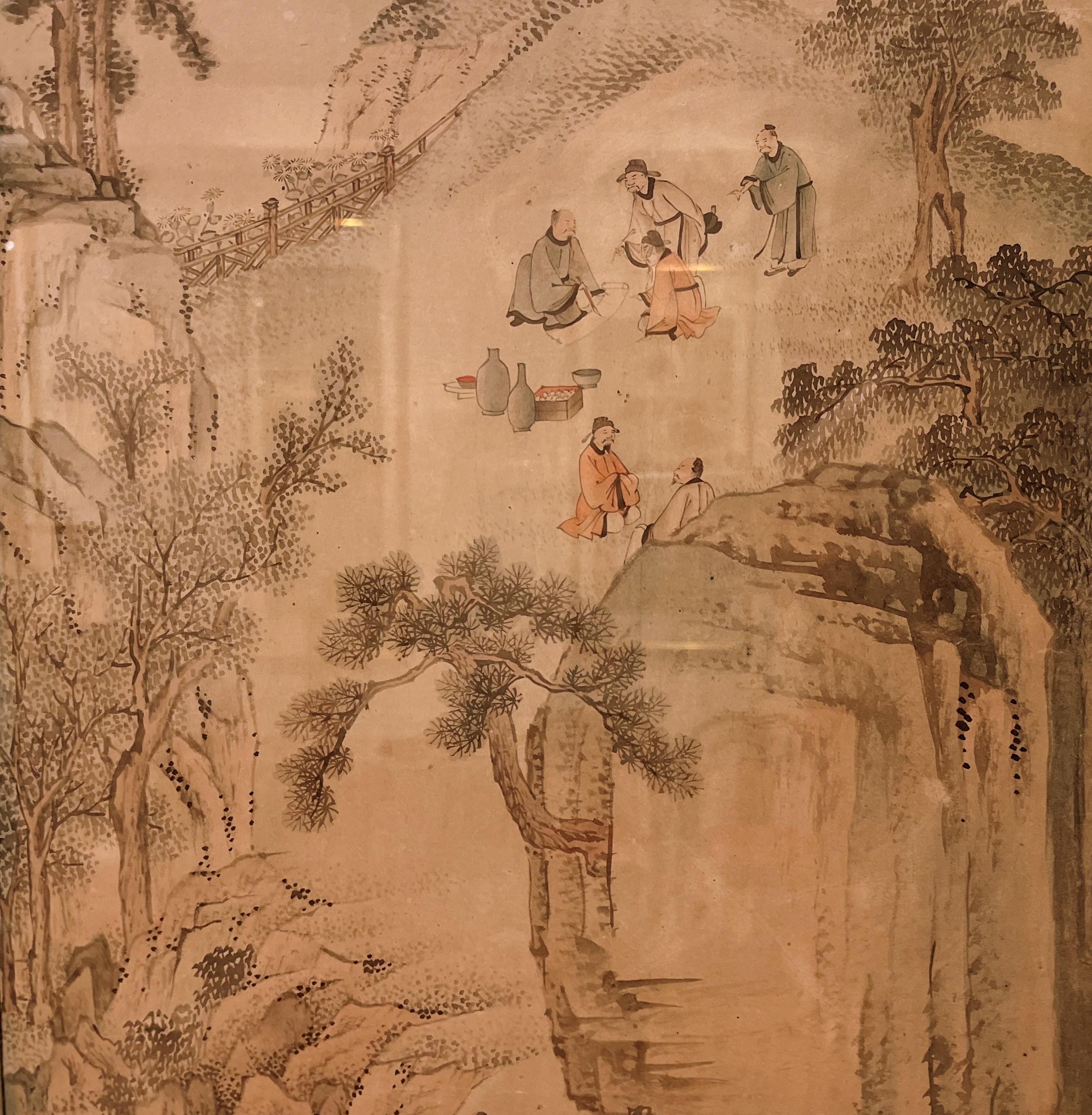 Gerahmtes chinesisches Pinselgemälde von Scholars Leisure in der Landschaft  (Papier) im Angebot