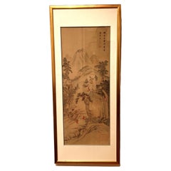 Peinture chinoise à la pinceau encadrée représentant un séjour d'écoliers dans un paysage 