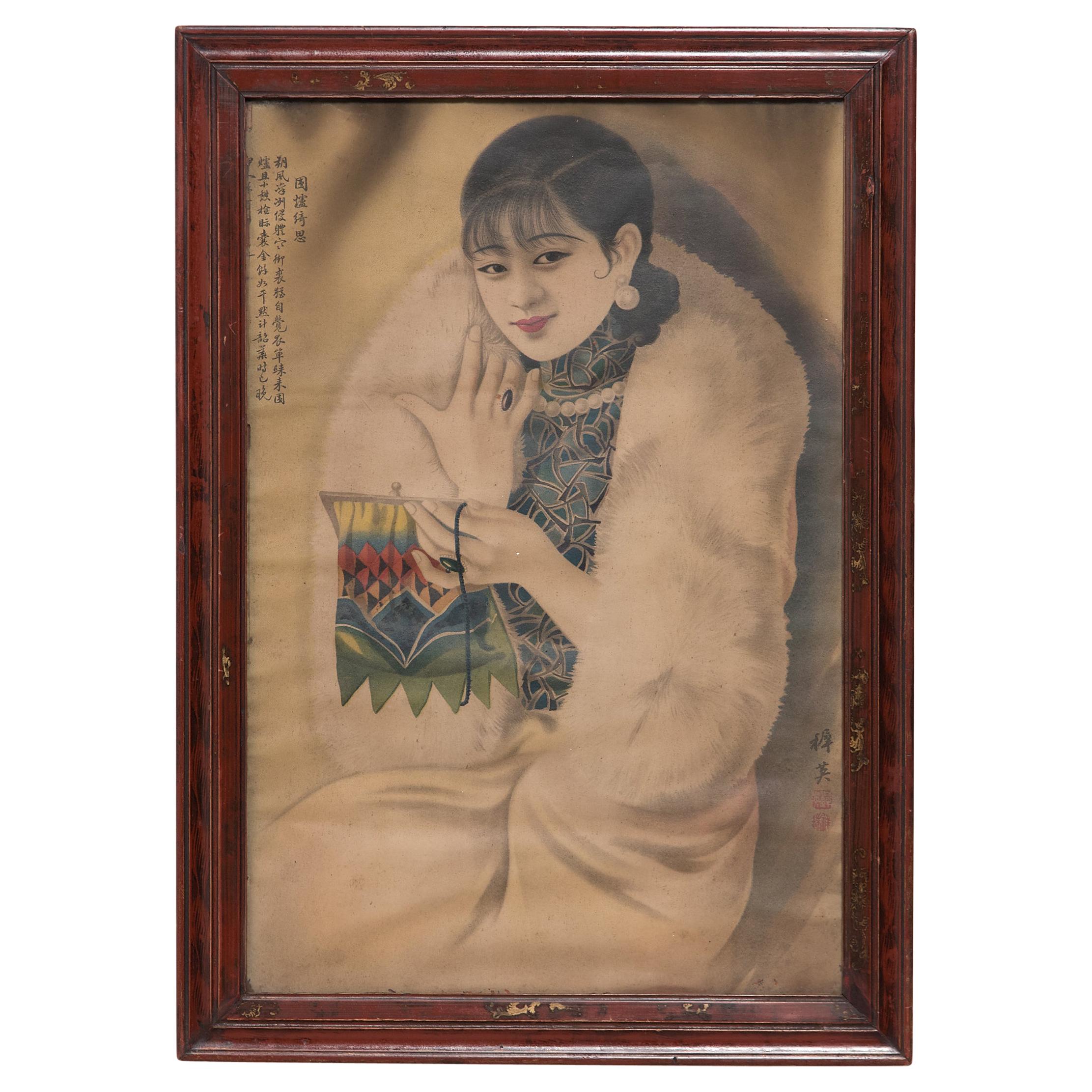 Framed Chinese Deco Advertisement Poster with Mirrored Back, c. 1930s