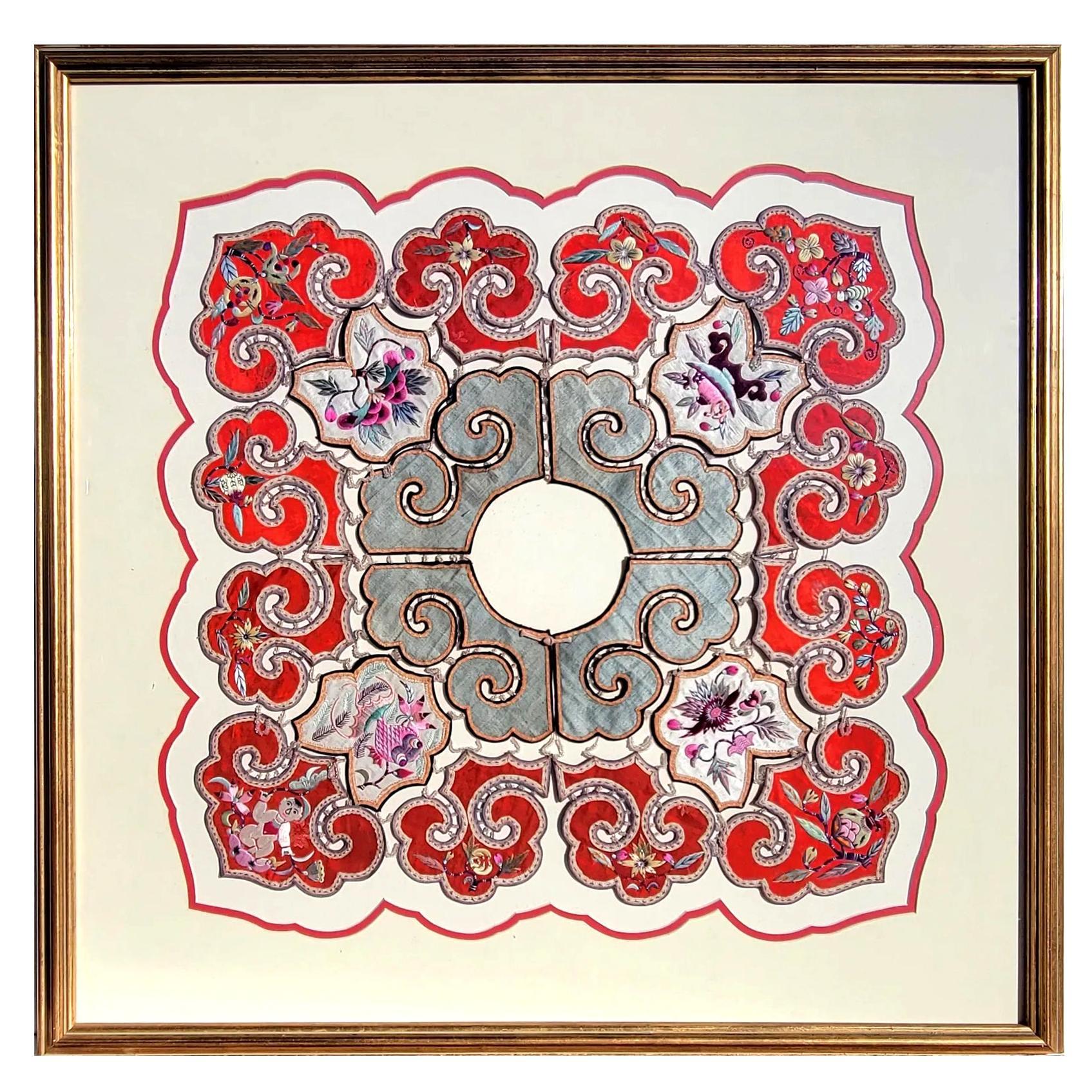 Framed Chinese Embroidered Silk Collar Qing Dynasty For Sale