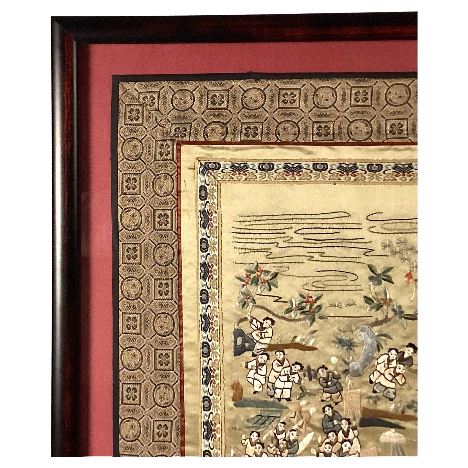 Chinese Export Framed Chinese Embroidered Silk Tapestry Of Children At Play For Sale