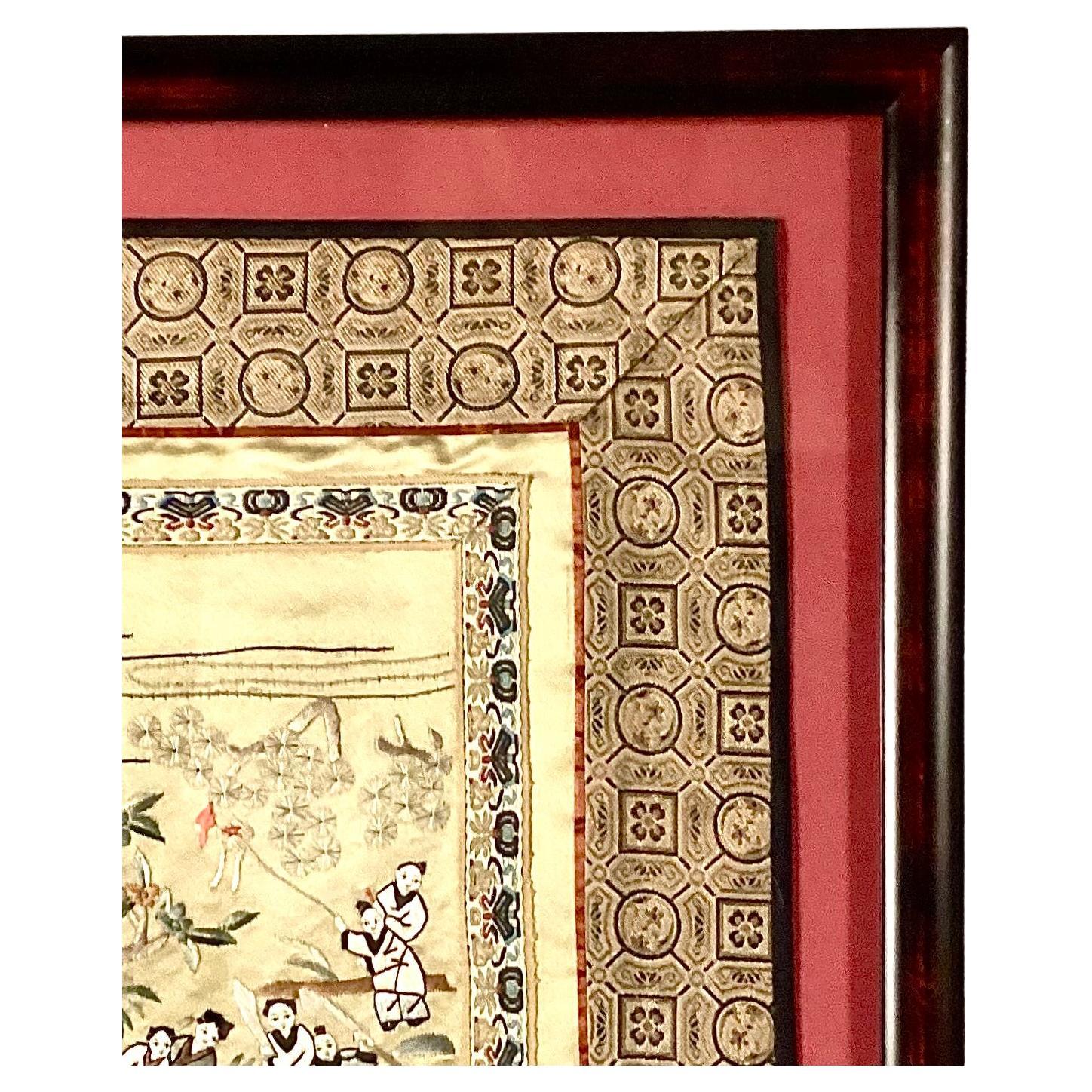 Framed Chinese Embroidered Silk Tapestry Of Children At Play In Good Condition For Sale In Bradenton, FL
