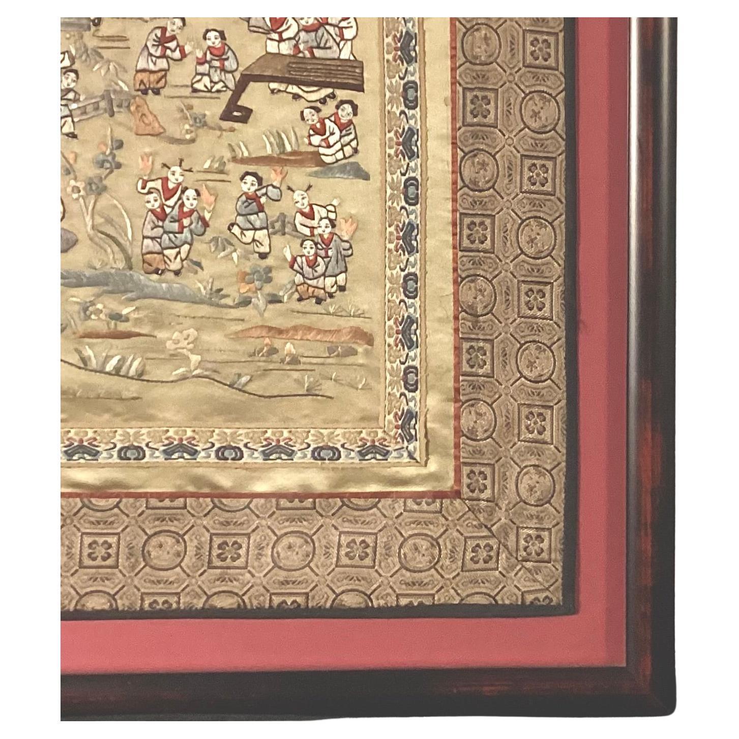 20th Century Framed Chinese Embroidered Silk Tapestry Of Children At Play For Sale