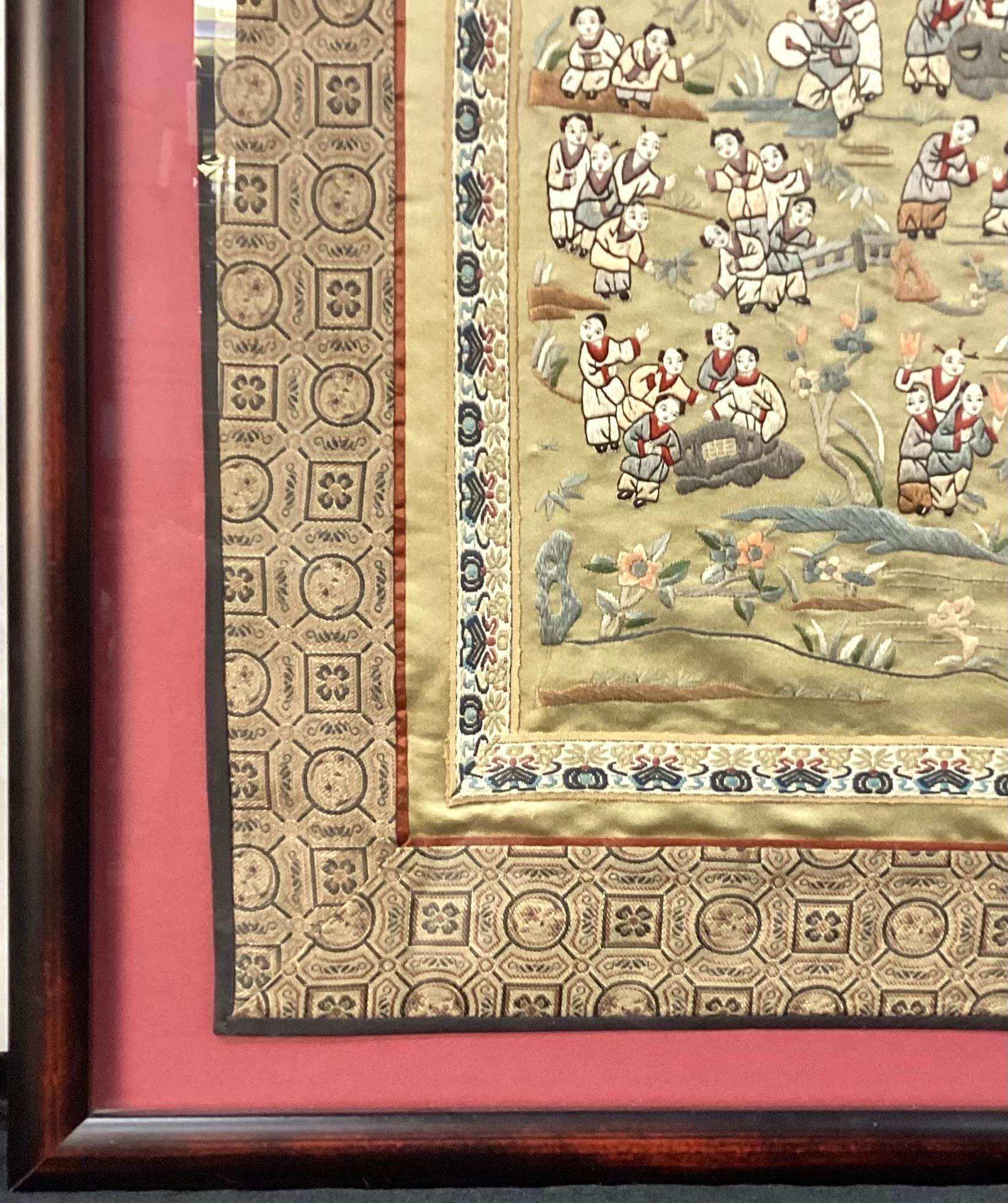 Framed Chinese Embroidered Silk Tapestry Of Children At Play For Sale 1