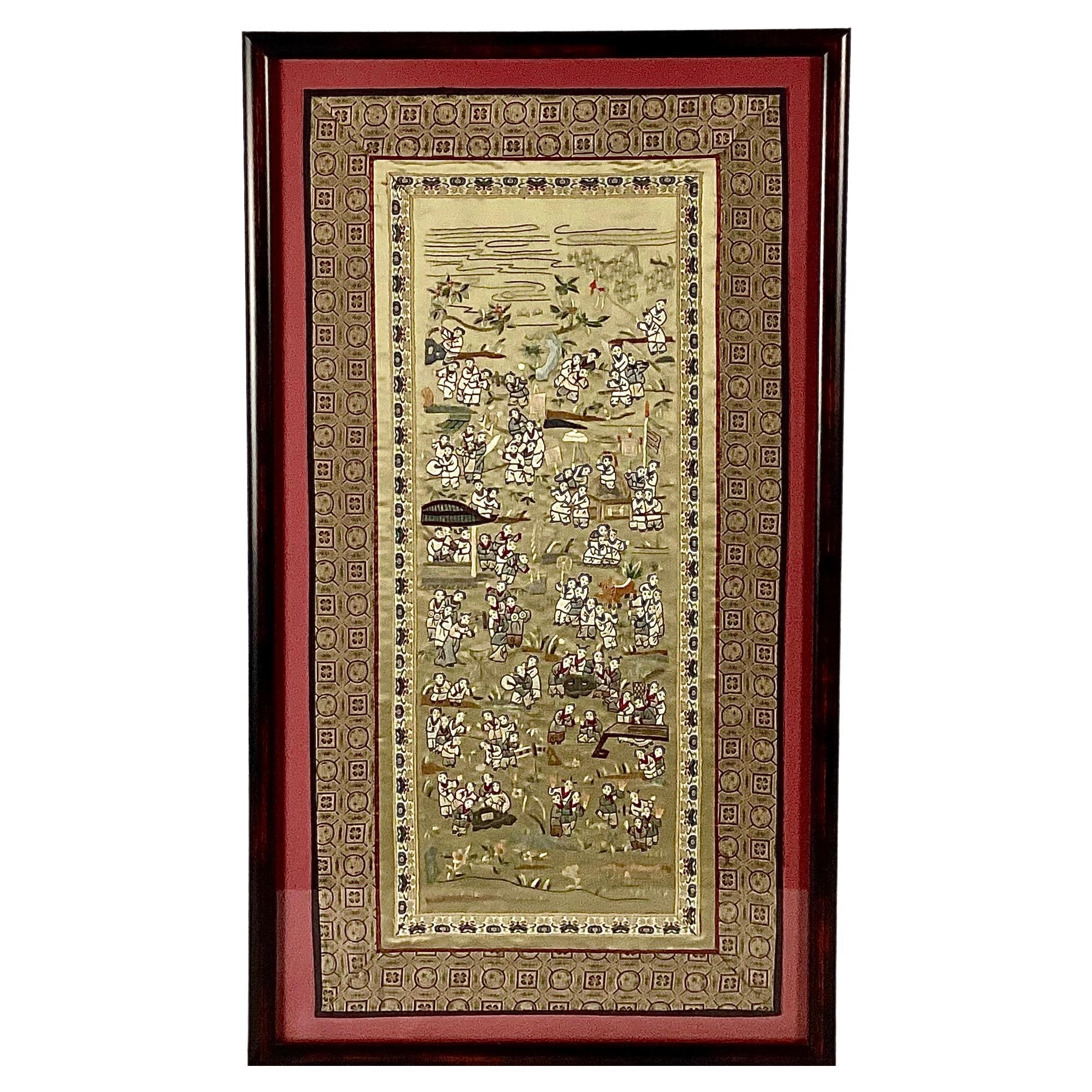 Framed Chinese Embroidered Silk Tapestry Of Children At Play For Sale 3