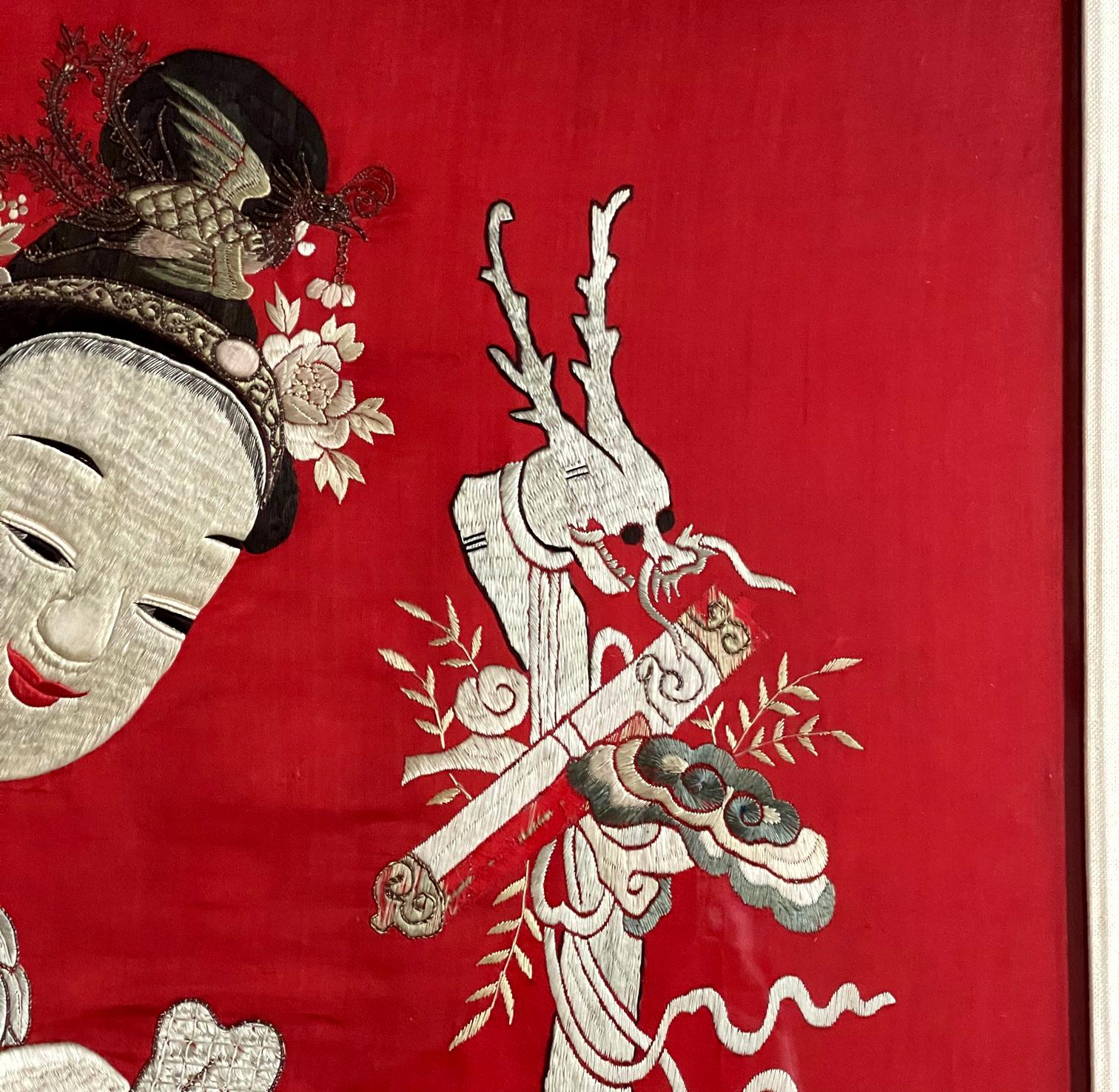Silk Framed Chinese Embroidery Panel of Longevity Deities For Sale