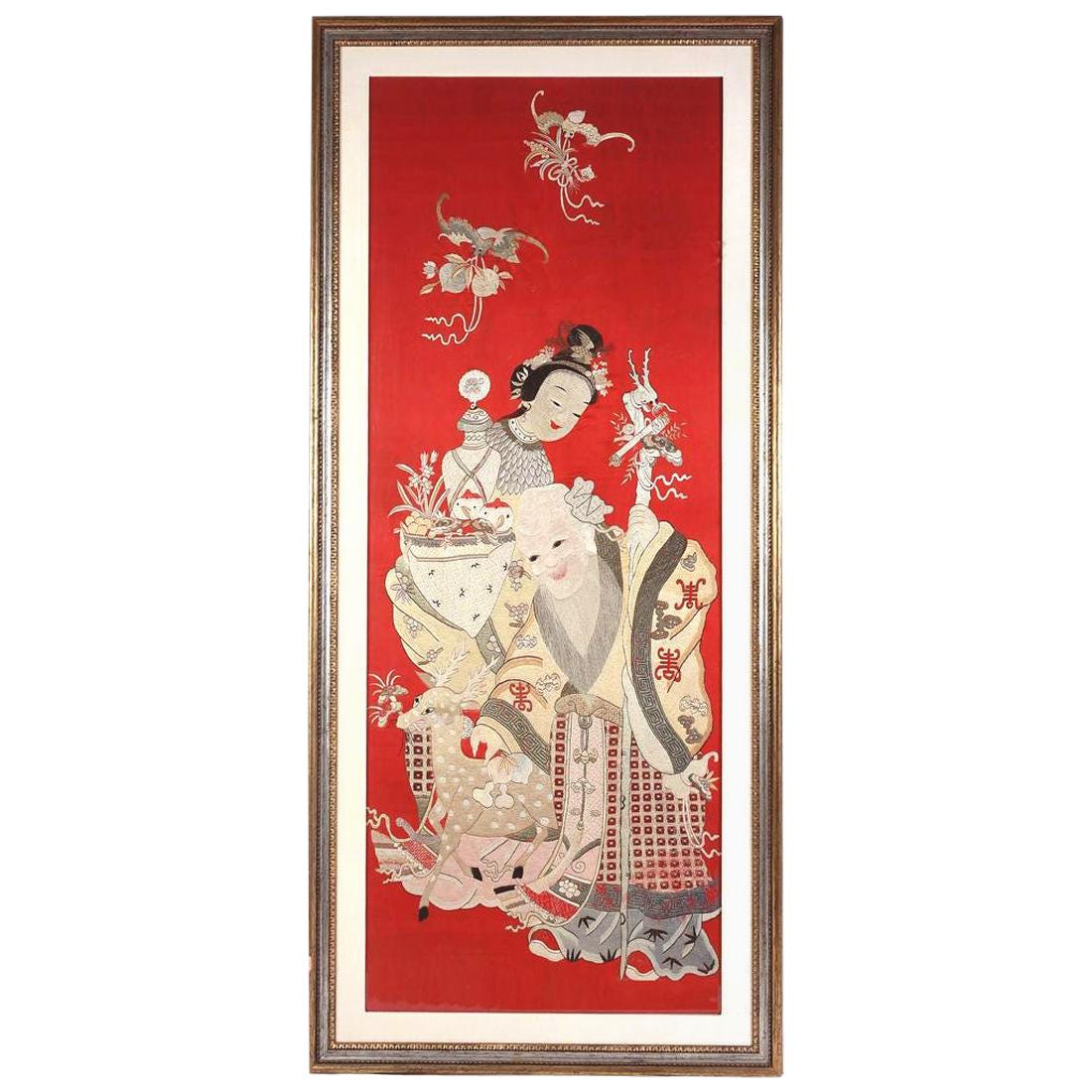 Framed Chinese Embroidery Panel of Longevity Deities