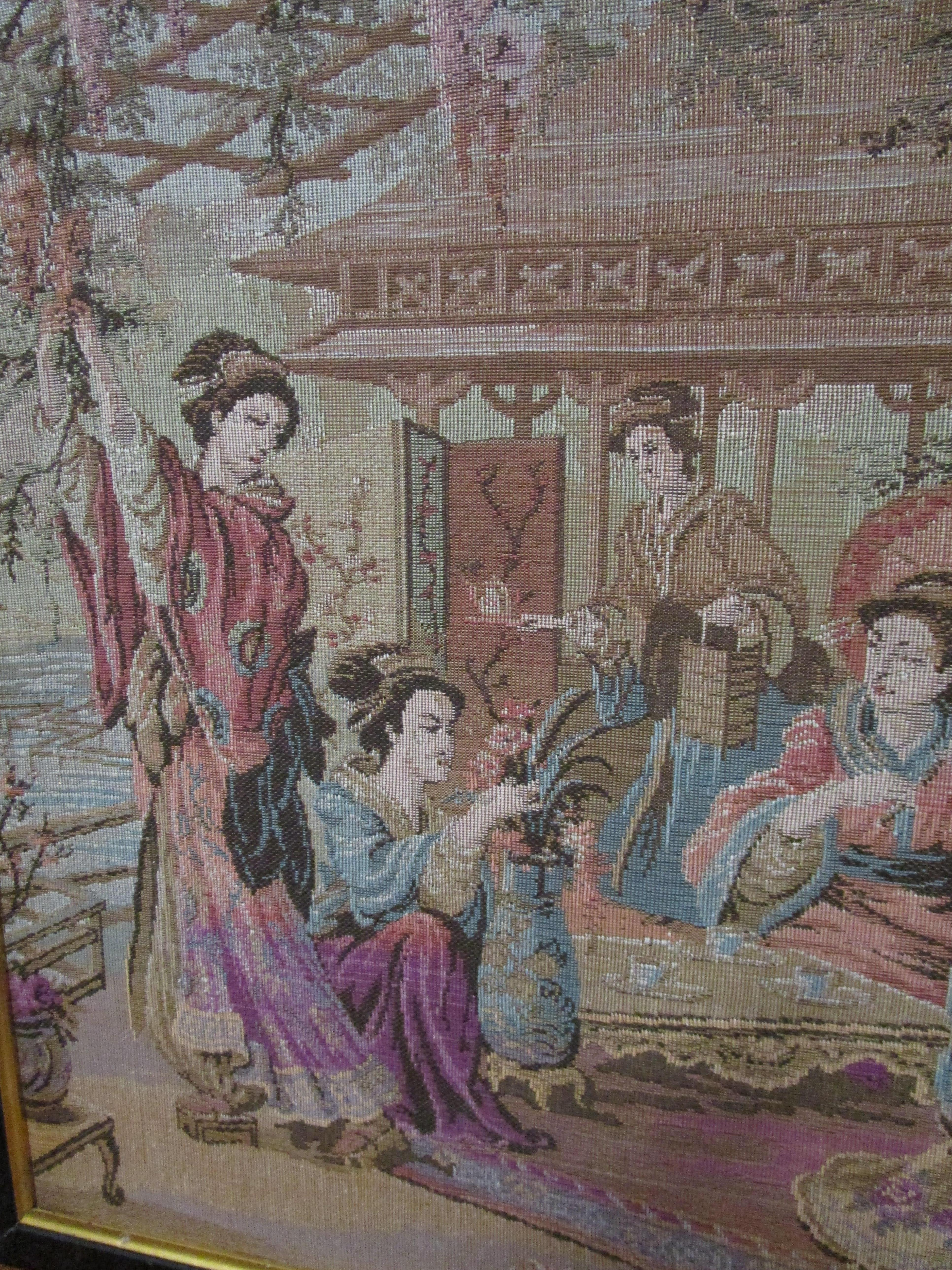 Gerahmte Chinesischer Garten Rose Farbig Wandteppich Seide Stil Vintage Textil Kunst (Chinoiserie) im Angebot