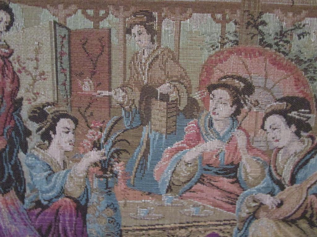 Gerahmte Chinesischer Garten Rose Farbig Wandteppich Seide Stil Vintage Textil Kunst (Hongkong) im Angebot