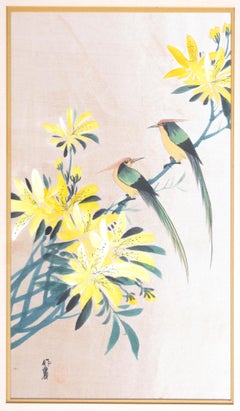 Framed Chinese Gouache on Silk "Birds of Paradise & Lilies" Painting C.1970