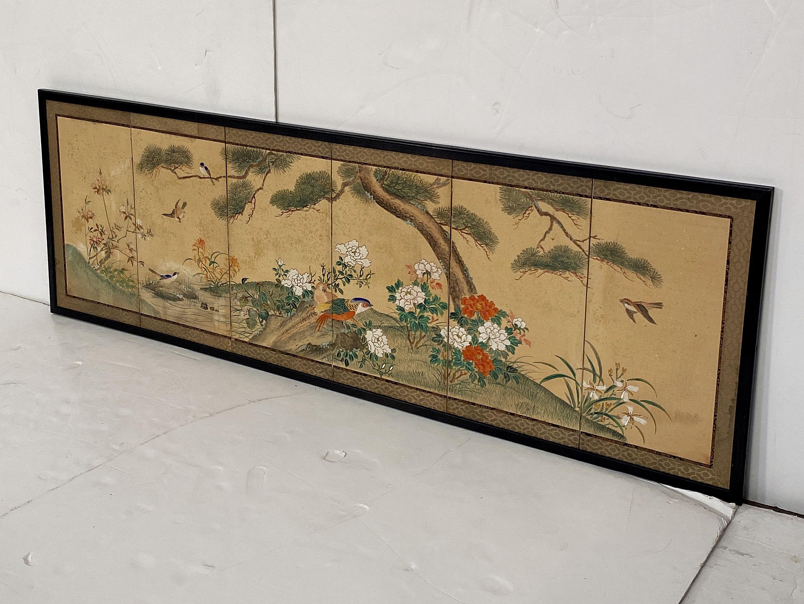 Framed Chinese Hand-Painted Six-Fold Wall-Hanging from the 19th Century For Sale 7