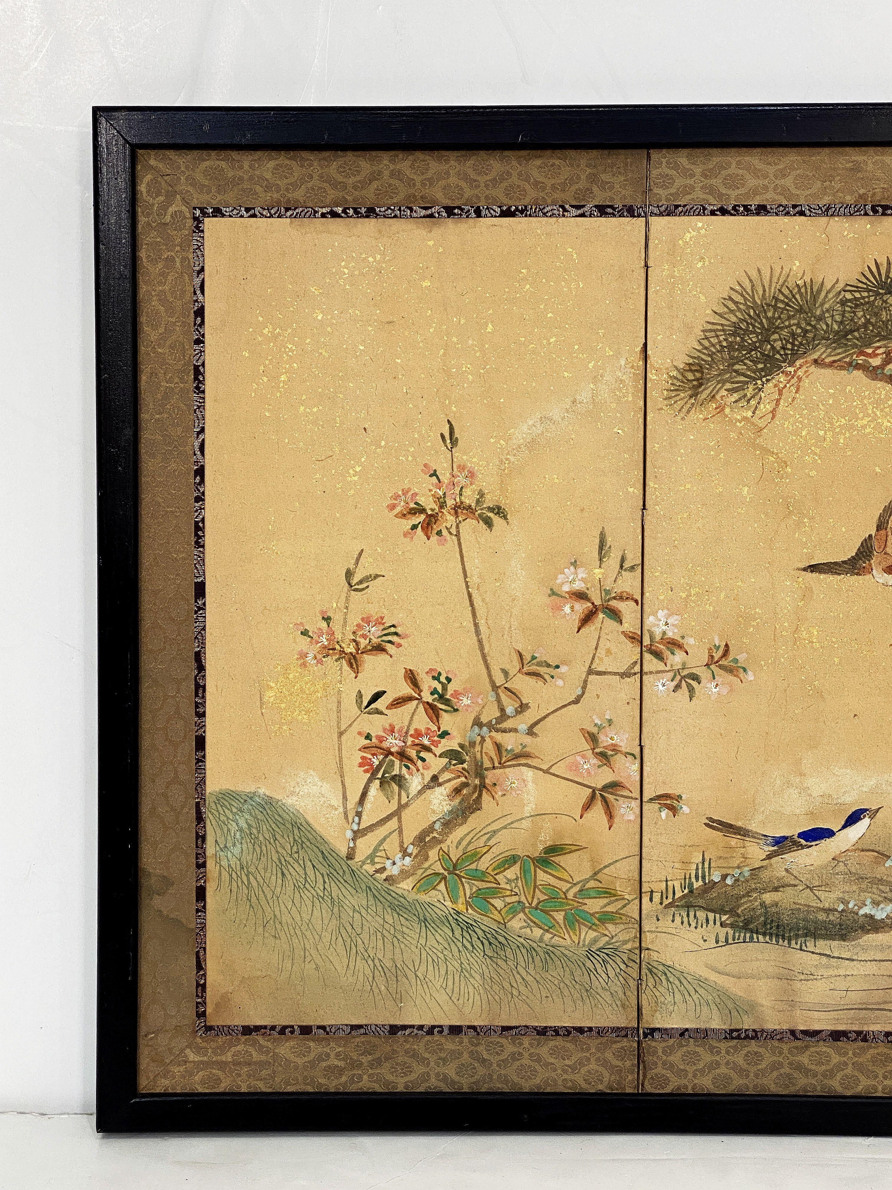 Framed Chinese Hand-Painted Six-Fold Wall-Hanging from the 19th Century In Good Condition For Sale In Austin, TX