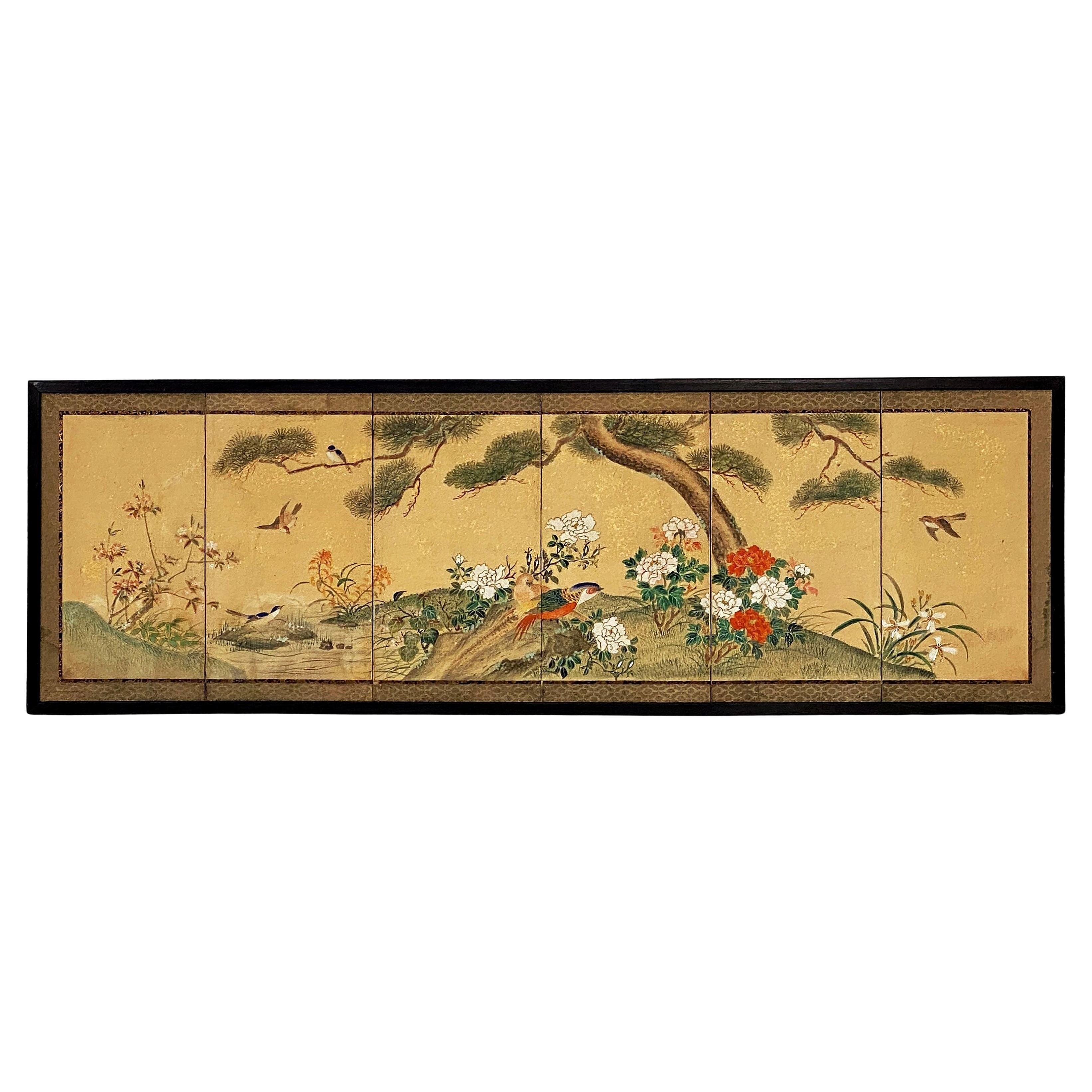 Framed Chinese Hand-Painted Six-Fold Wall-Hanging from the 19th Century For Sale
