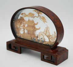 FRAMED CHINESE ORIENTAL CARVED CORK DIORAMA DISPLAY SCULPTURE VERY DECORATiVE