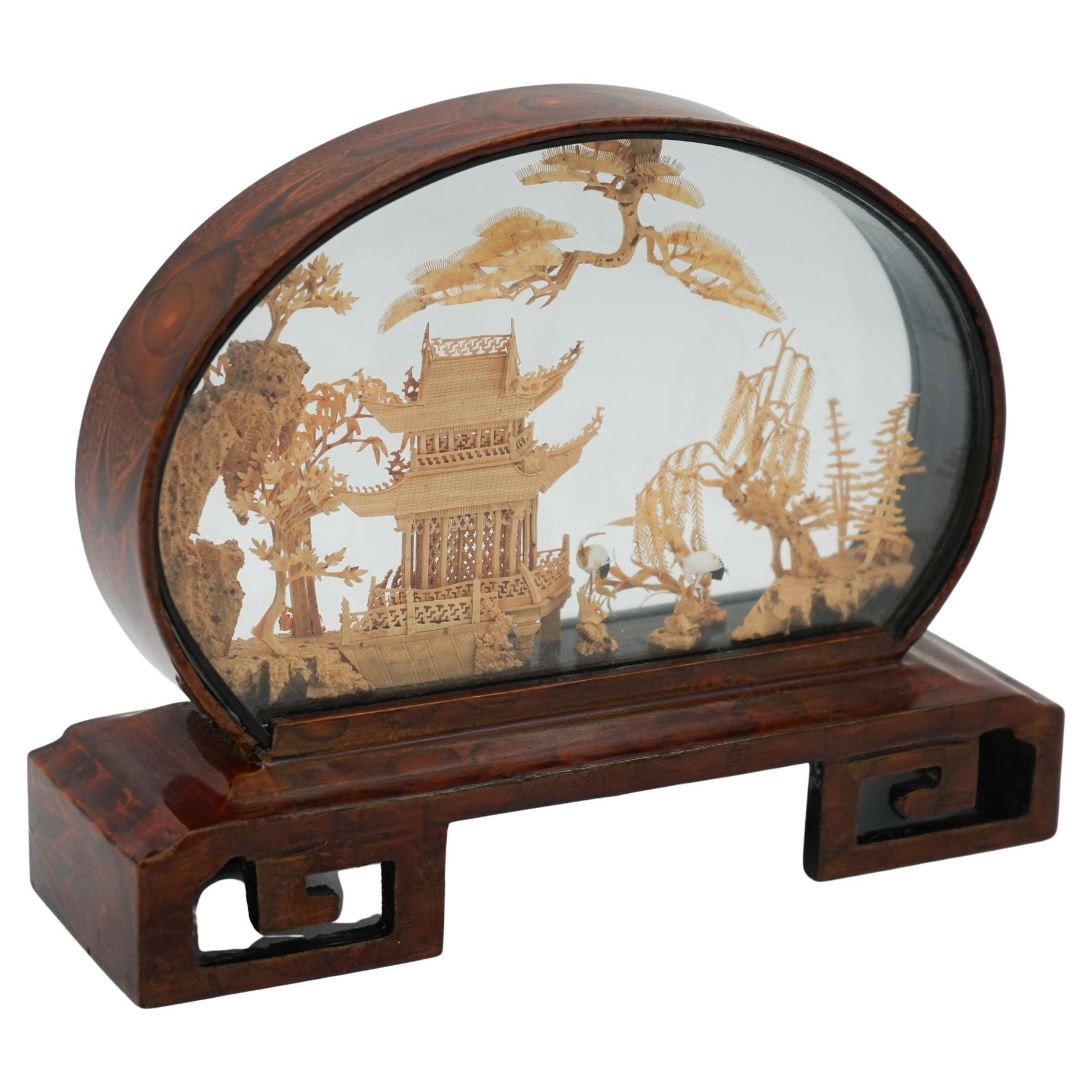 FRAMED CHINESE ORIENTAL CARVED CORK DIORAMA DISPLAY SCULPTURE VERY DECORATiVE