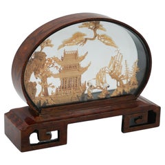 FRAMED CHINESE ORIENTAL CARVED CORK DIORAMA DISPLAY SCULPTURE VERY DECORATiVE