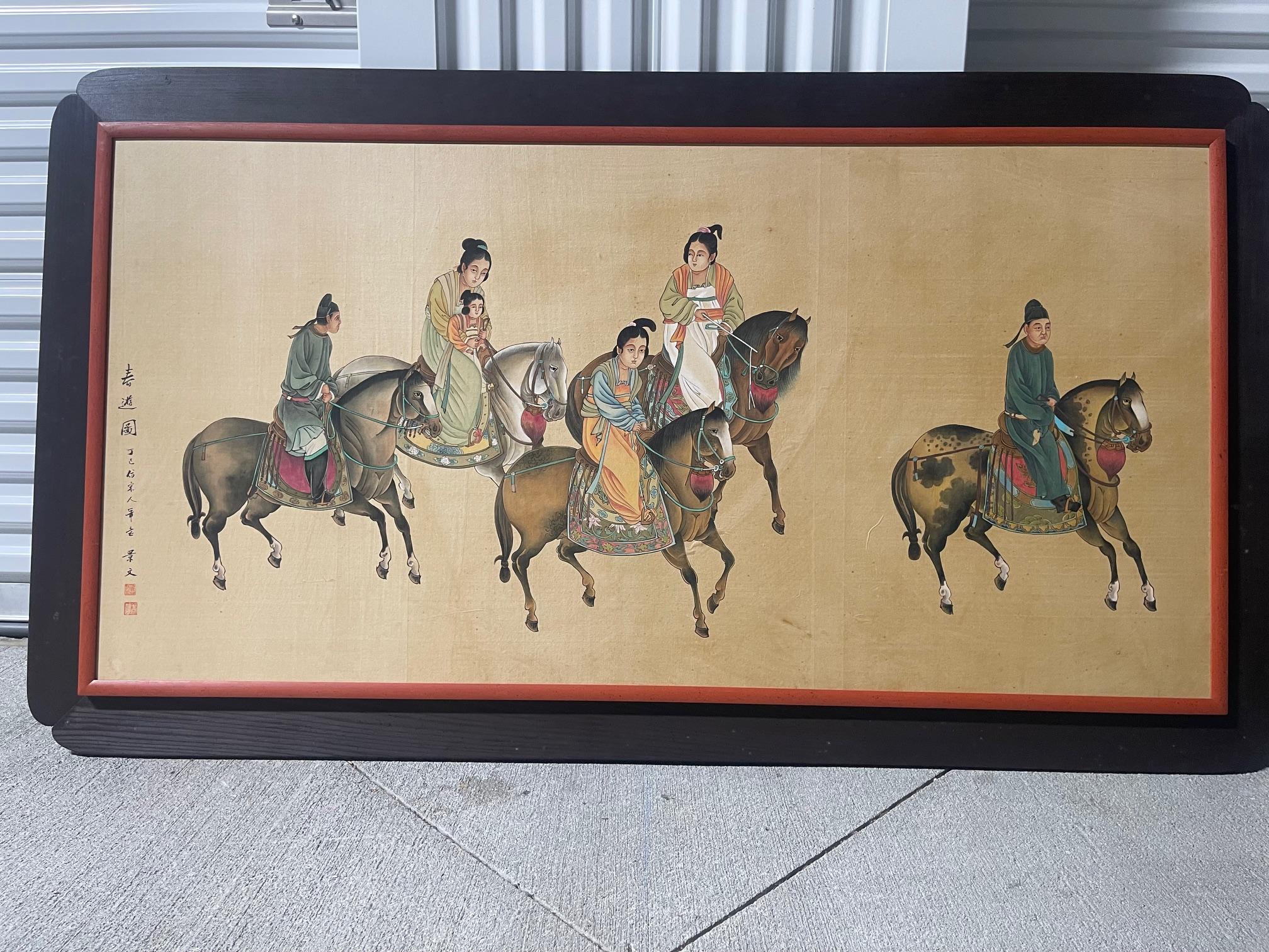 Framed Chinese Painting of A Family on Horses, Late 19th Century In Good Condition For Sale In Savannah, GA