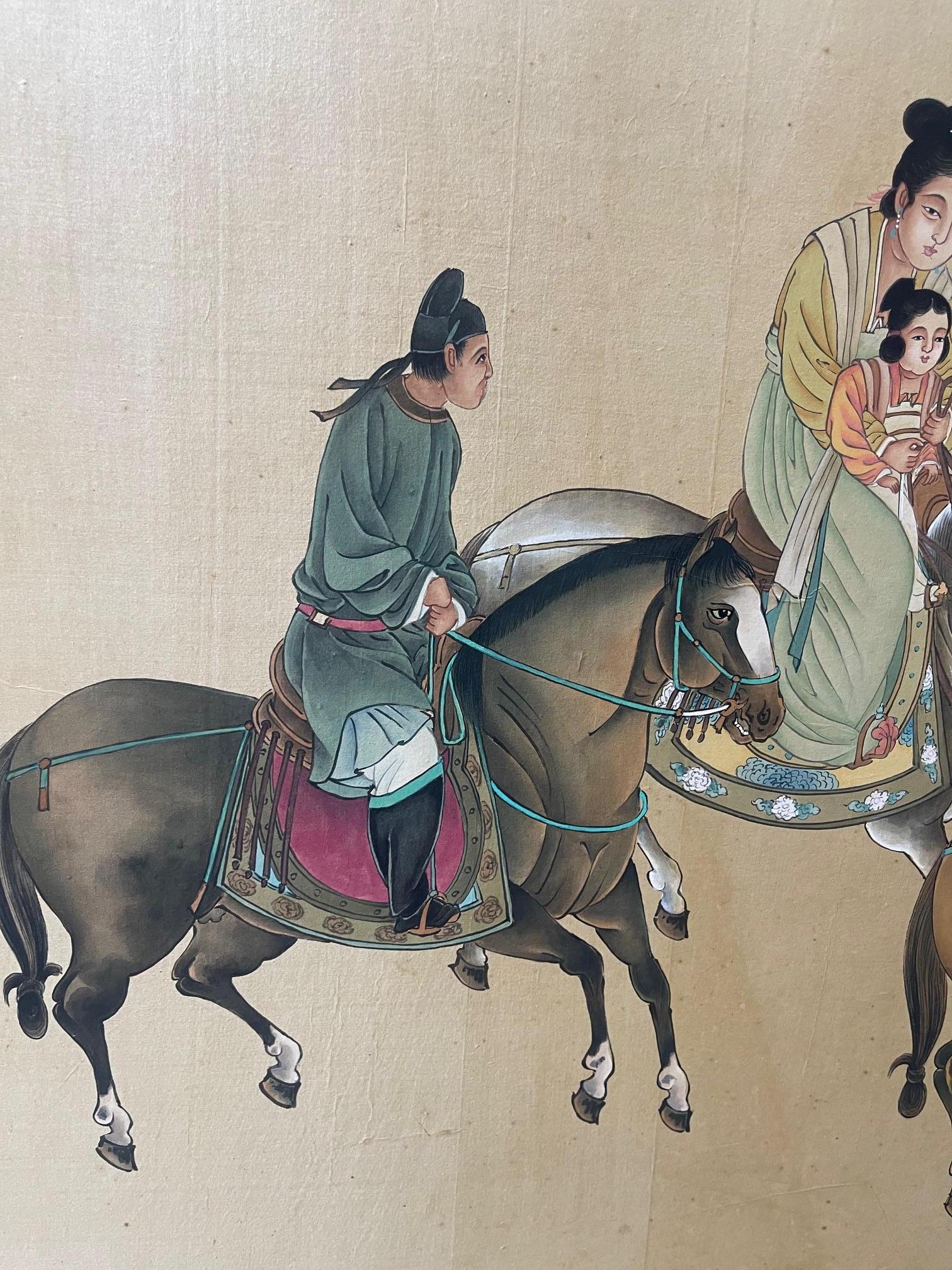 Gerahmtes chinesisches Gemälde einer Familie auf Pferden, spätes 19. Jahrhundert (Papier) im Angebot