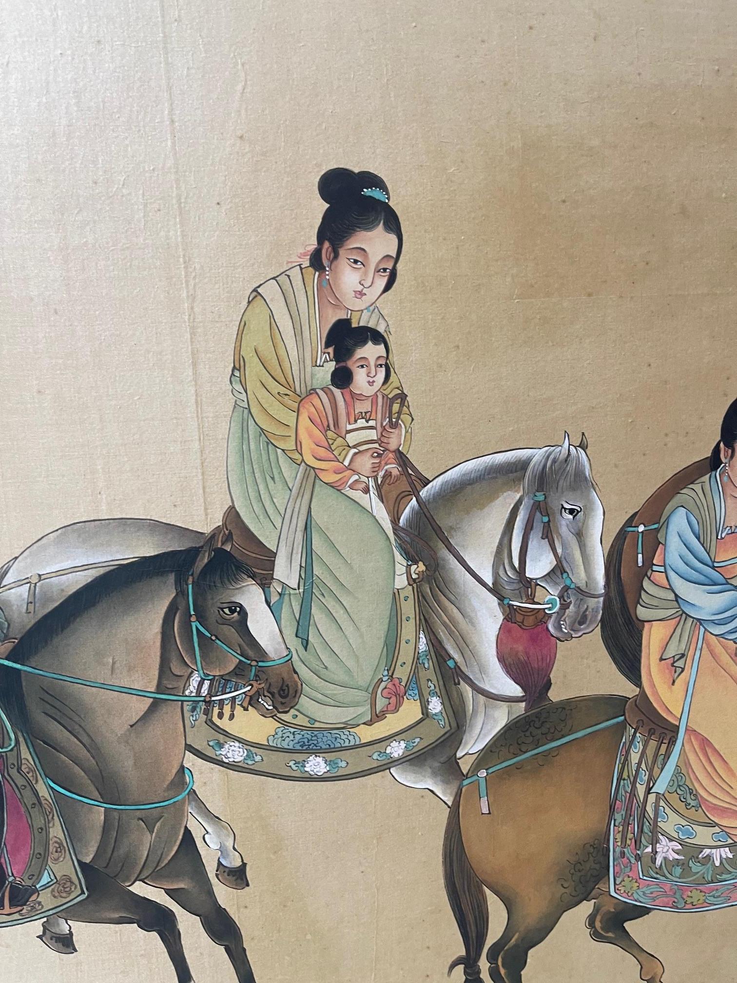 Gerahmtes chinesisches Gemälde einer Familie auf Pferden, spätes 19. Jahrhundert im Angebot 1