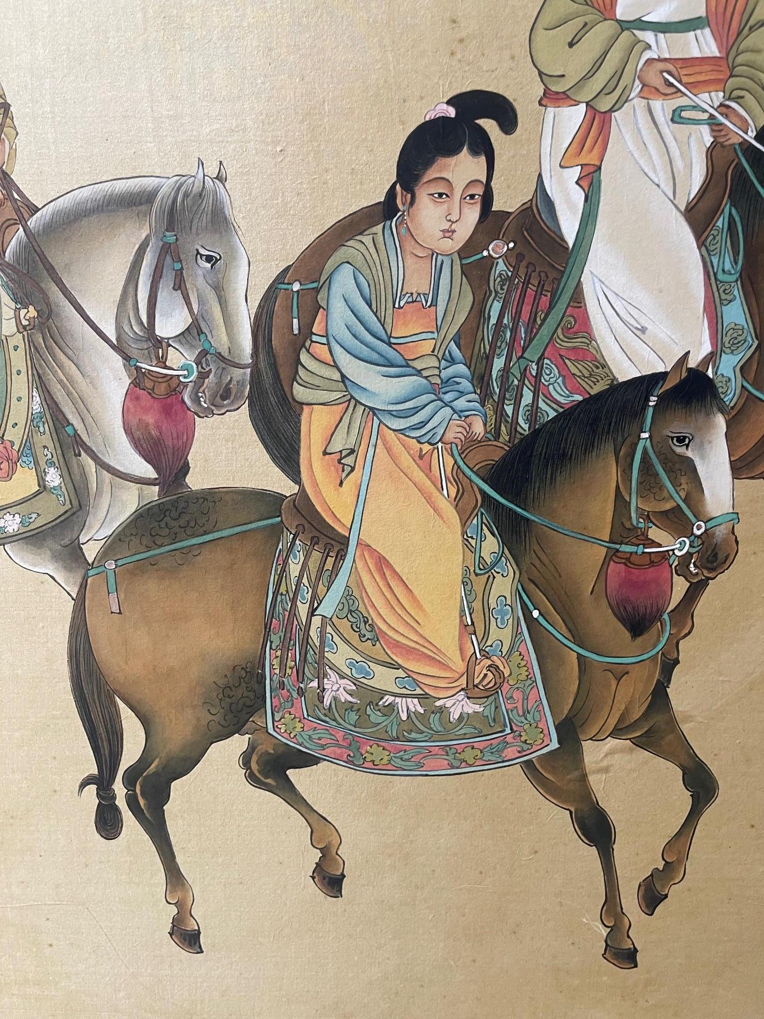 Gerahmtes chinesisches Gemälde einer Familie auf Pferden, spätes 19. Jahrhundert im Angebot 2