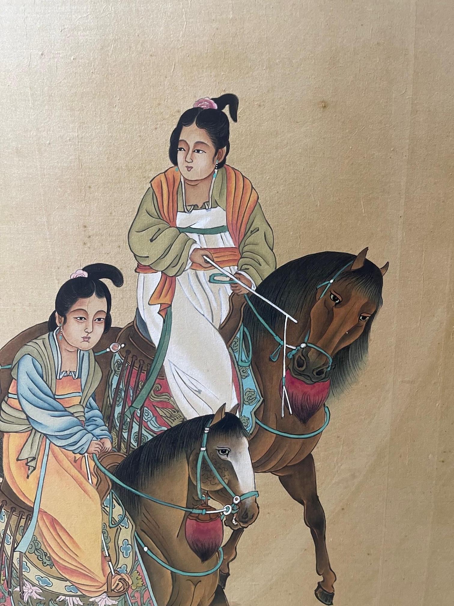 Gerahmtes chinesisches Gemälde einer Familie auf Pferden, spätes 19. Jahrhundert im Angebot 3