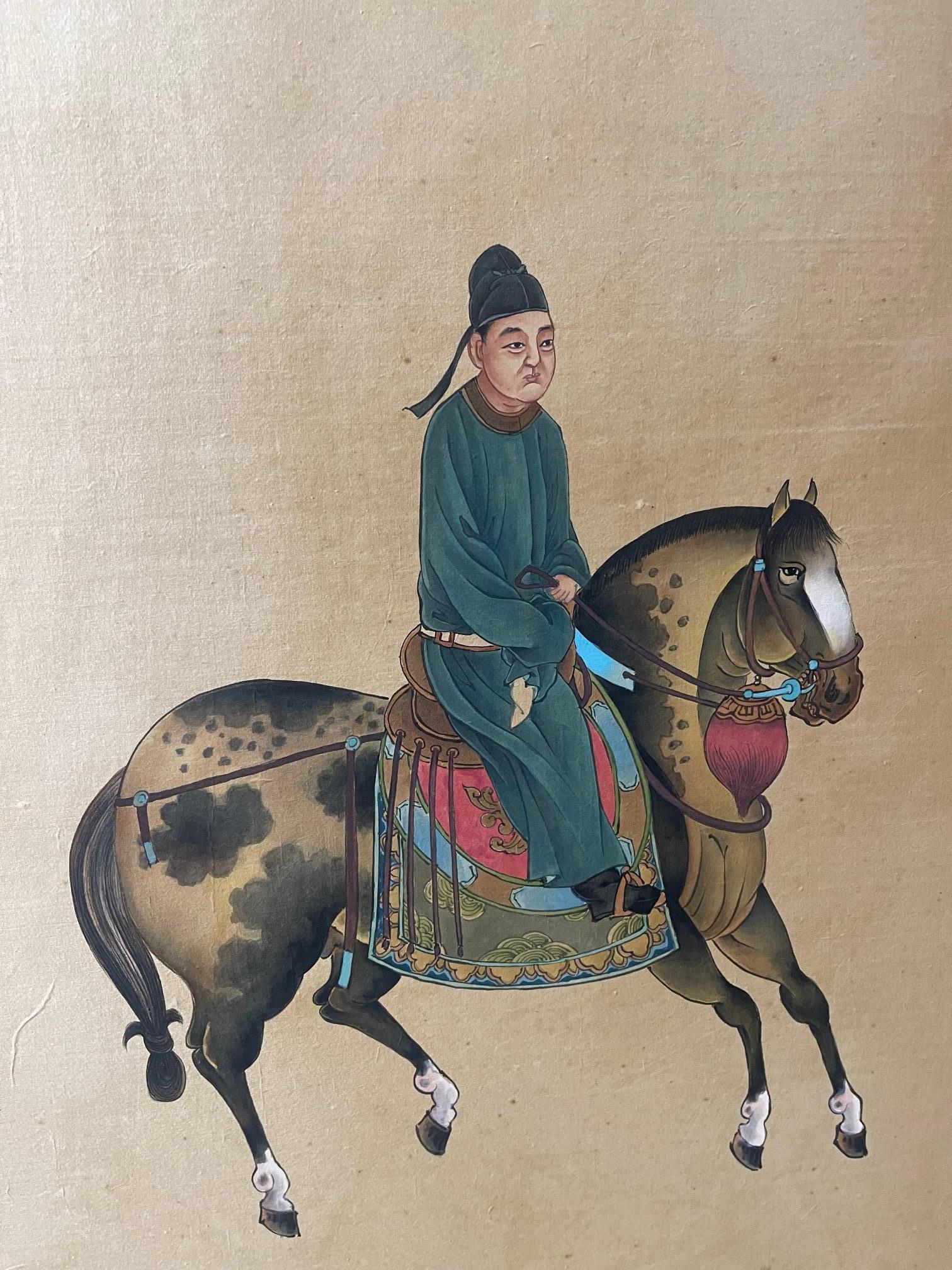 Gerahmtes chinesisches Gemälde einer Familie auf Pferden, spätes 19. Jahrhundert im Angebot 4