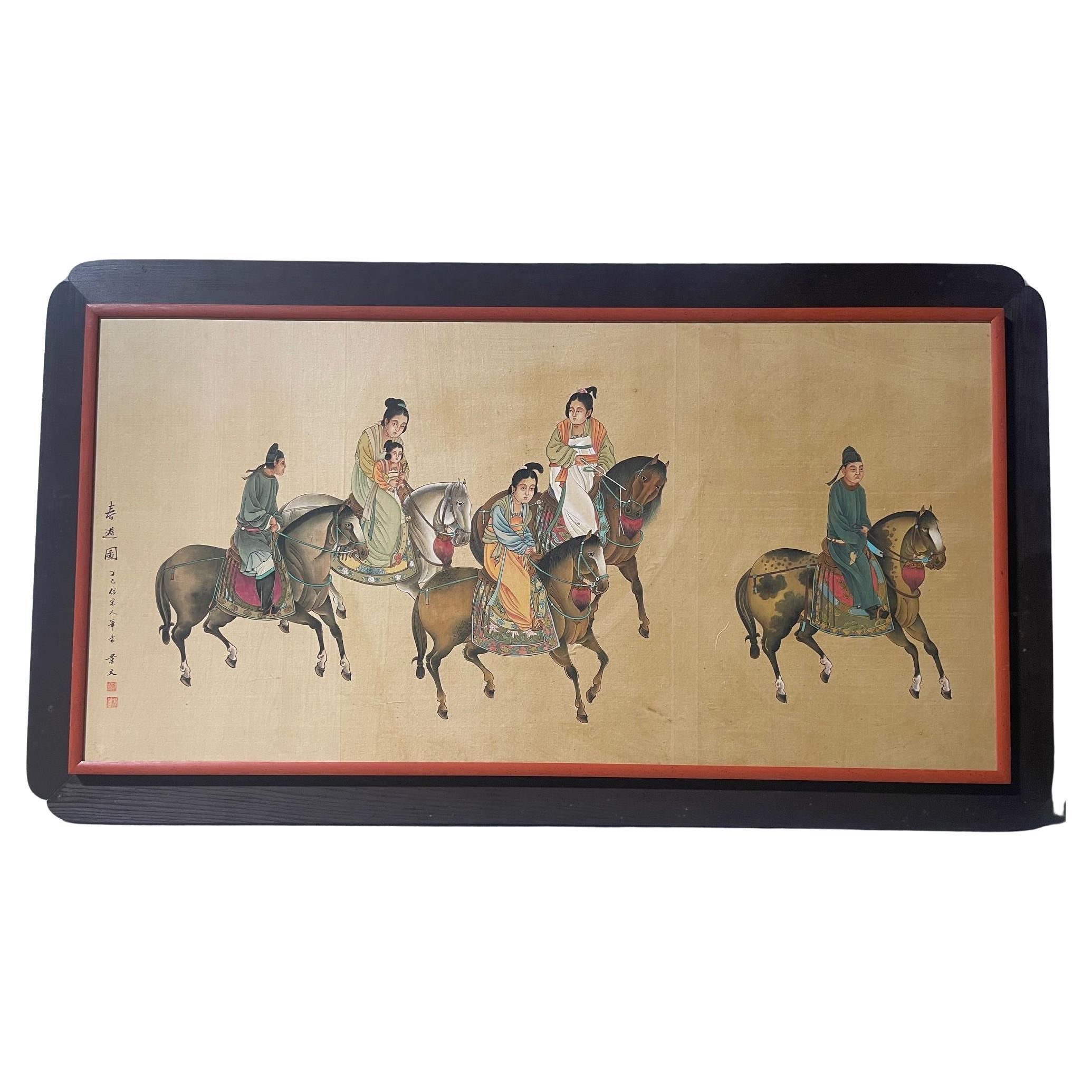 Peinture chinoise encadrée représentant une famille sur des chevaux, fin du 19e siècle