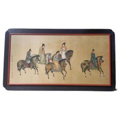 Antique Framed Chinese Painting of A Family on Horses, Late 19th Century