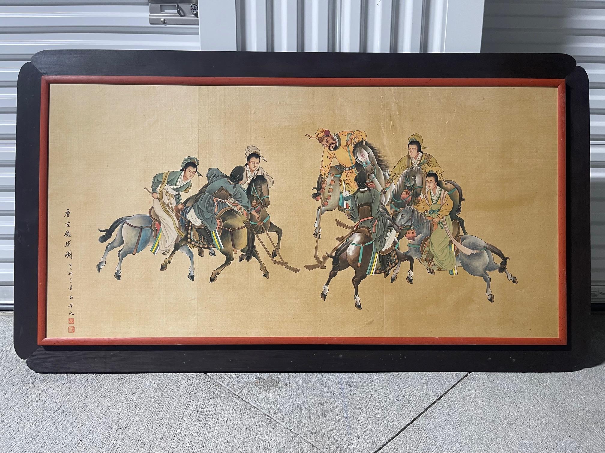 Framed Chinese Painting of Horsemen playing Game with Sticks, Late 19th Century In Good Condition For Sale In Savannah, GA