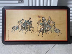 Framed Chinese Painting of Horsemen playing Game with Sticks, Late 19th Century