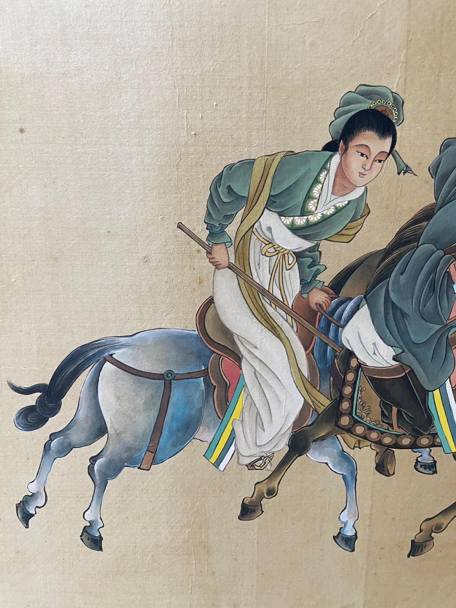 Gerahmtes chinesisches Gemälde von Reitern beim Spiel mit Sticks, Ende 19. im Zustand „Gut“ im Angebot in Savannah, GA