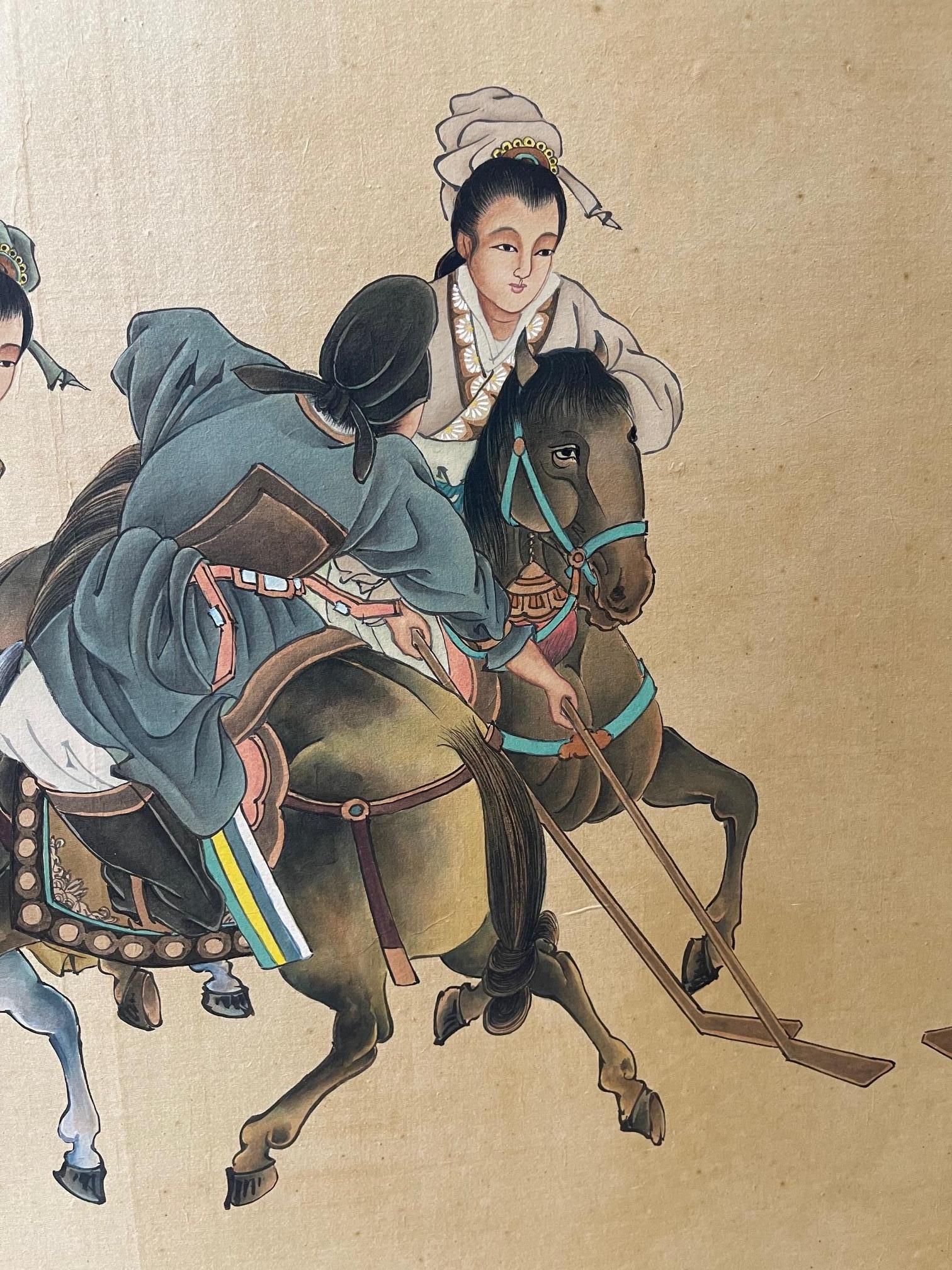XIXe siècle Peinture chinoise encadrée représentant des cavaliers jouant au jeu avec des Sticks, fin du 19ème siècle en vente