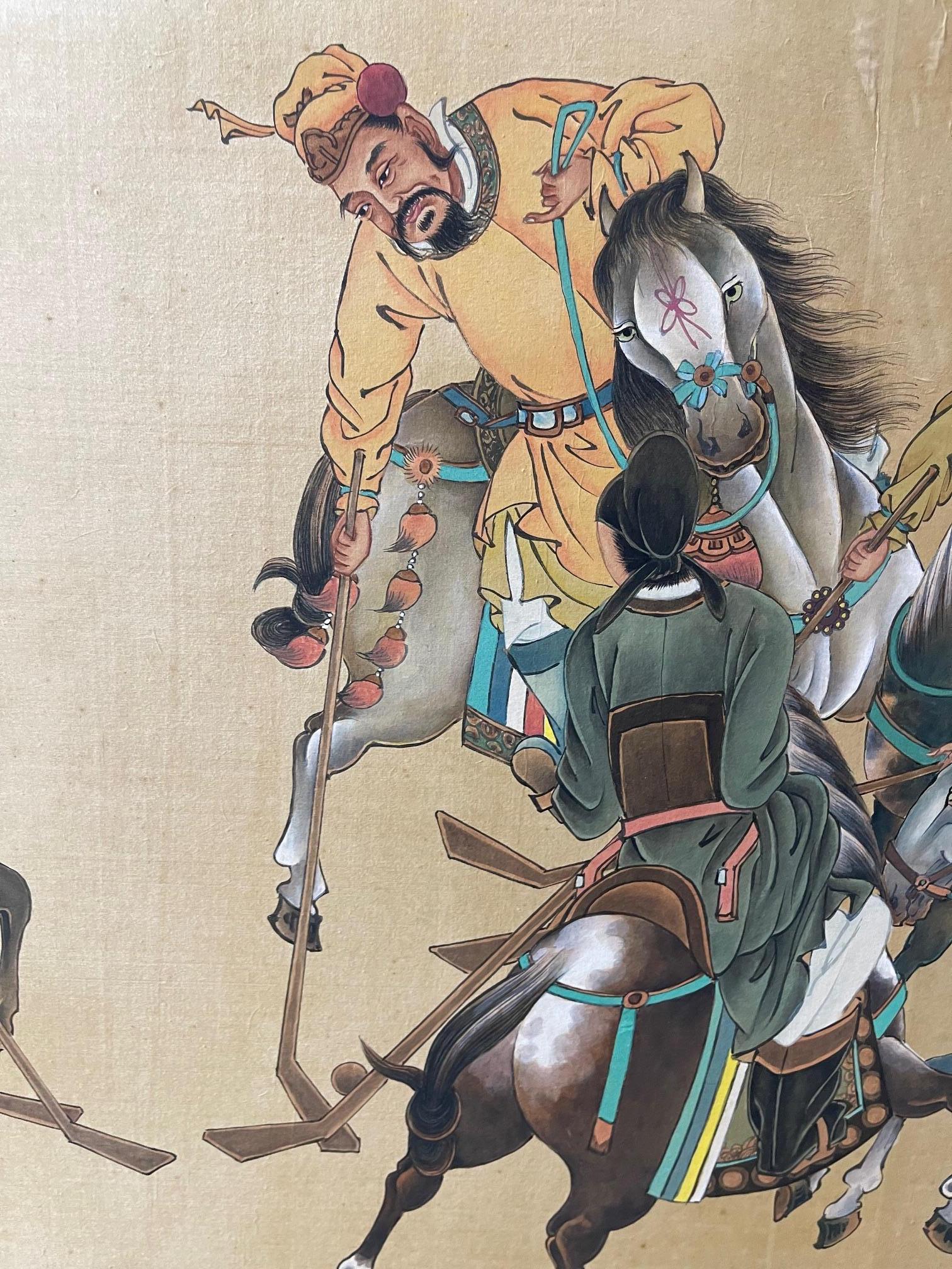 Gerahmtes chinesisches Gemälde von Reitern beim Spiel mit Sticks, Ende 19. (Papier) im Angebot