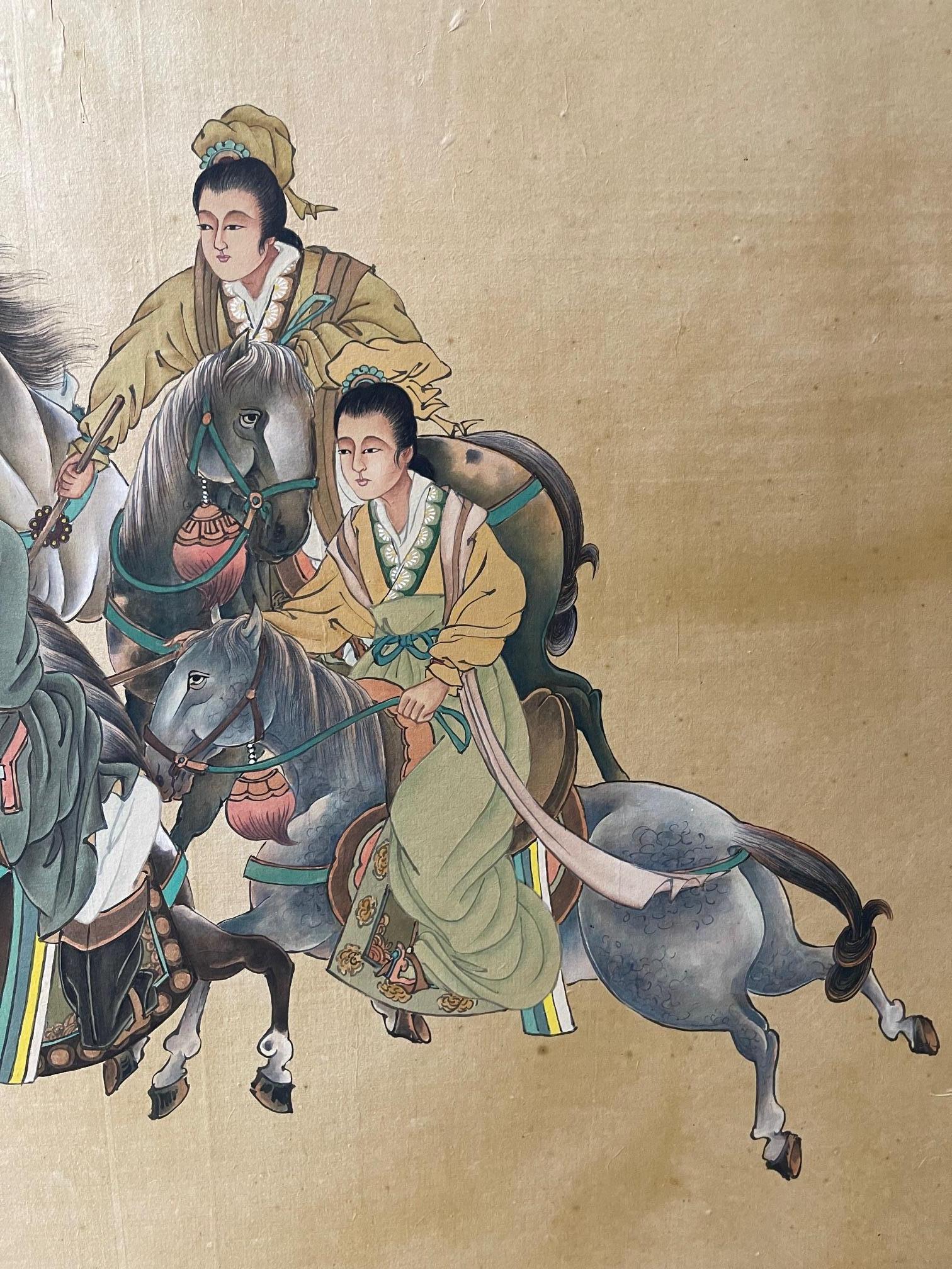 Gerahmtes chinesisches Gemälde von Reitern beim Spiel mit Sticks, Ende 19. im Angebot 1