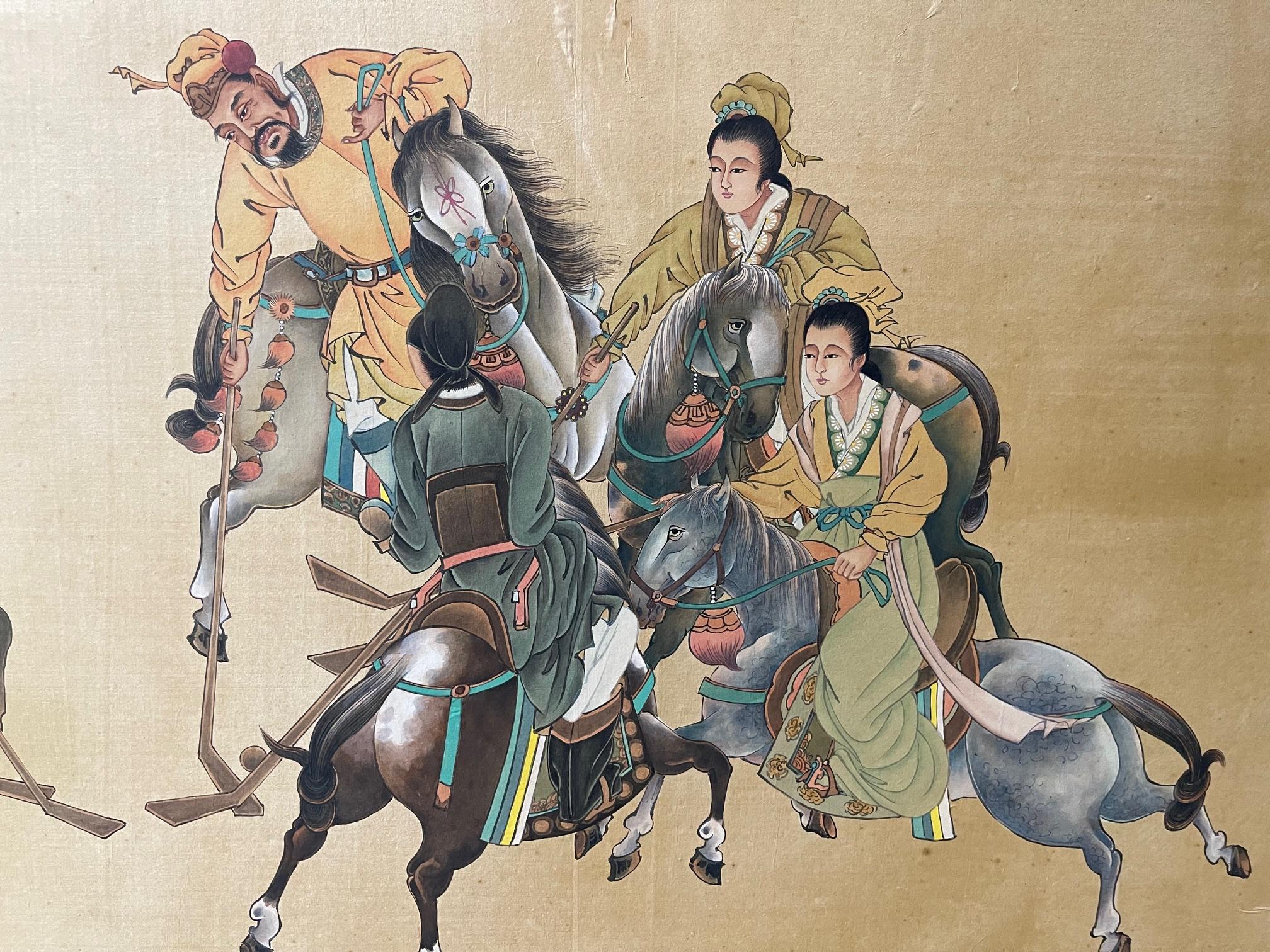 Gerahmtes chinesisches Gemälde von Reitern beim Spiel mit Sticks, Ende 19. im Angebot 2