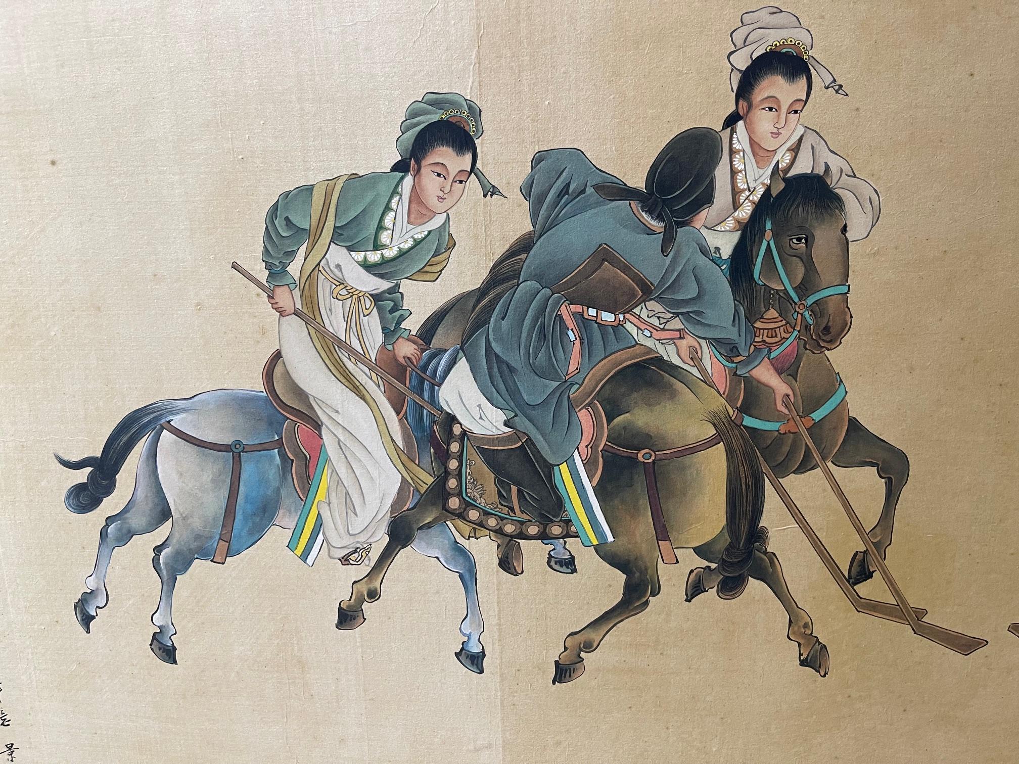Gerahmtes chinesisches Gemälde von Reitern beim Spiel mit Sticks, Ende 19. im Angebot 3