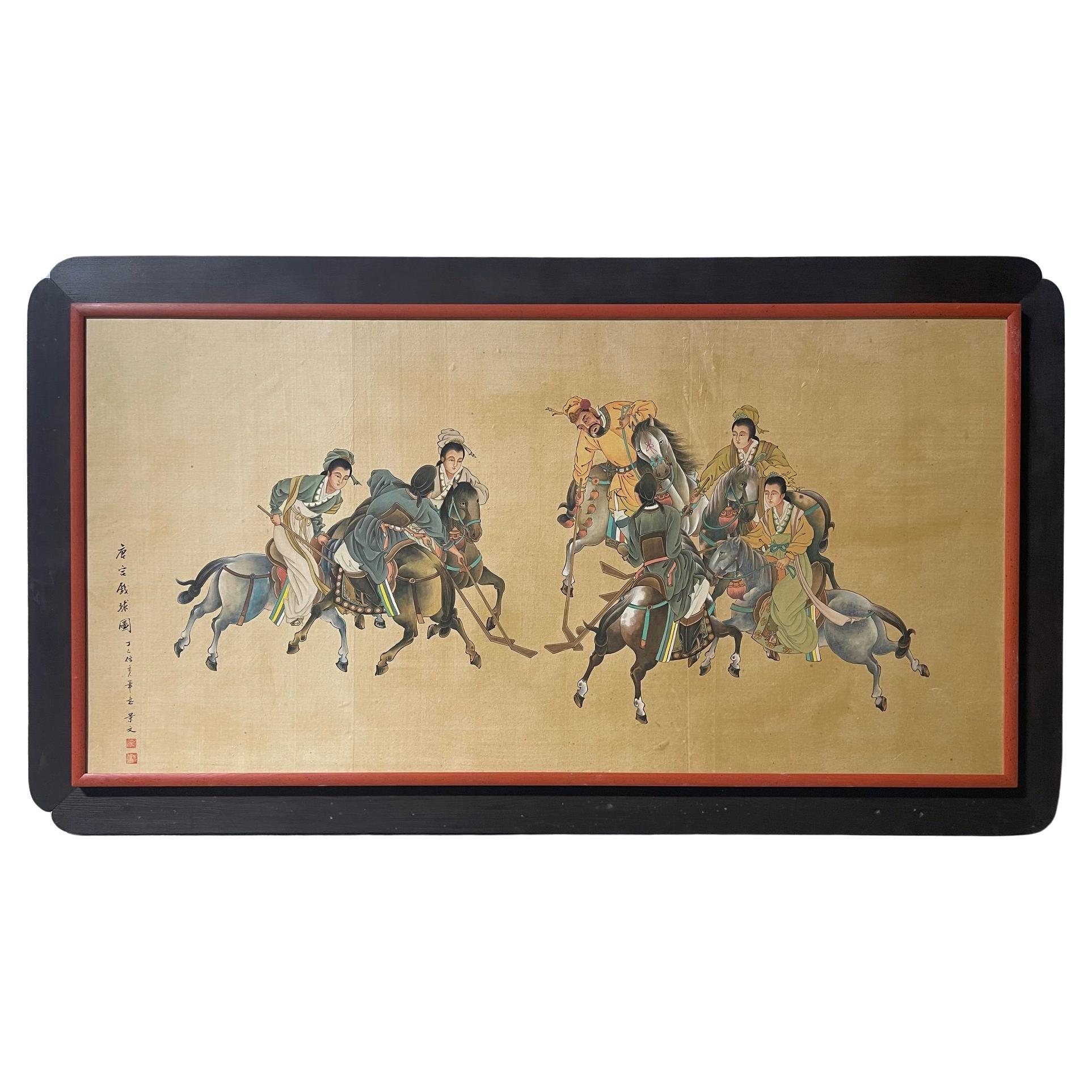 Framed Chinese Painting of Horsemen playing Game with Sticks, Late 19th Century For Sale