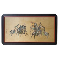 Gerahmtes chinesisches Gemälde von Reitern beim Spiel mit Sticks, Ende 19.