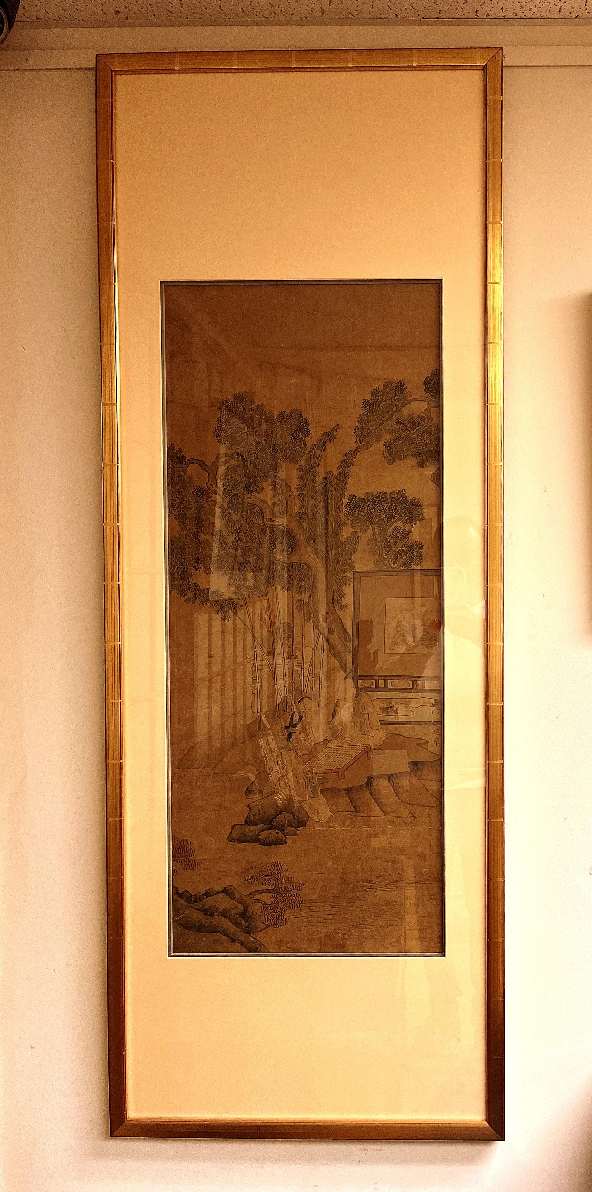 refined Chinese brush painting of landscape, scholars playing game of Go in bamboo grove. ink and color on silk, 19 century 
The first photo has some vertical reflections on the plex-glass due to our Japanese screen on the background, other photos