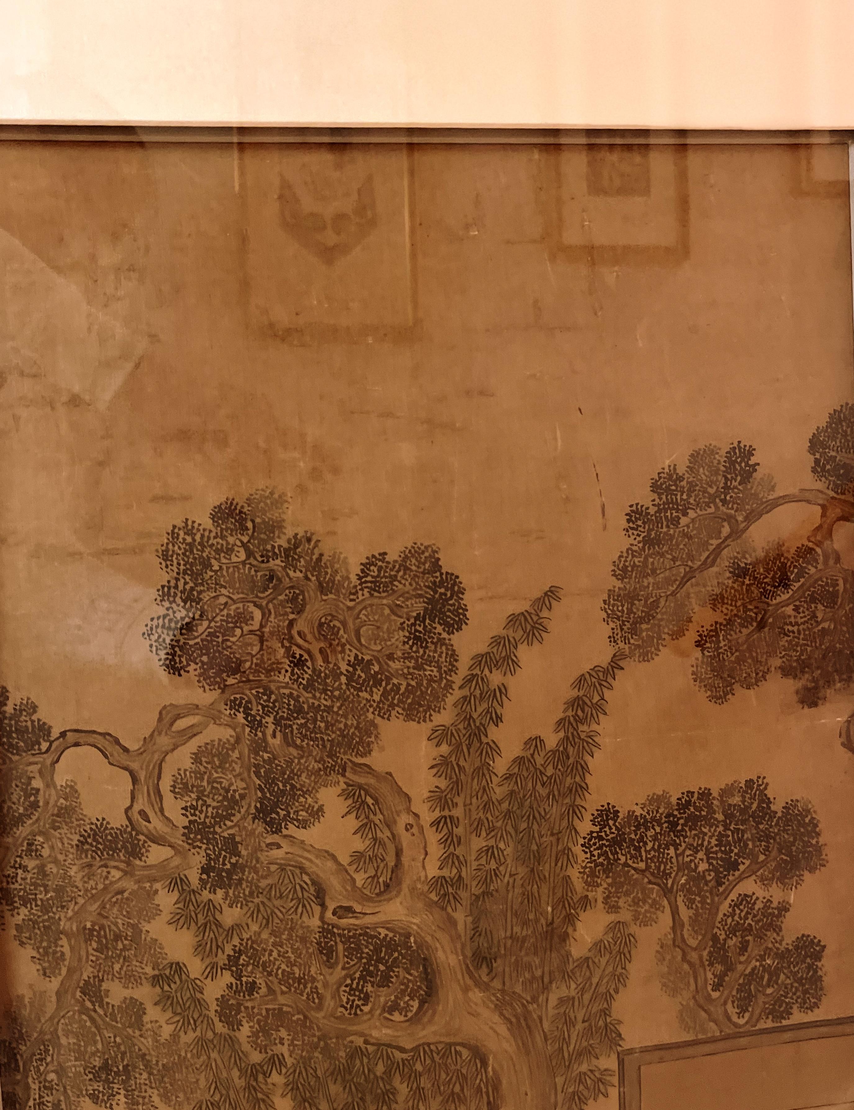 Hand-Painted Framed Chinese Painting of Landscape of Scholars Playing the Game For Sale