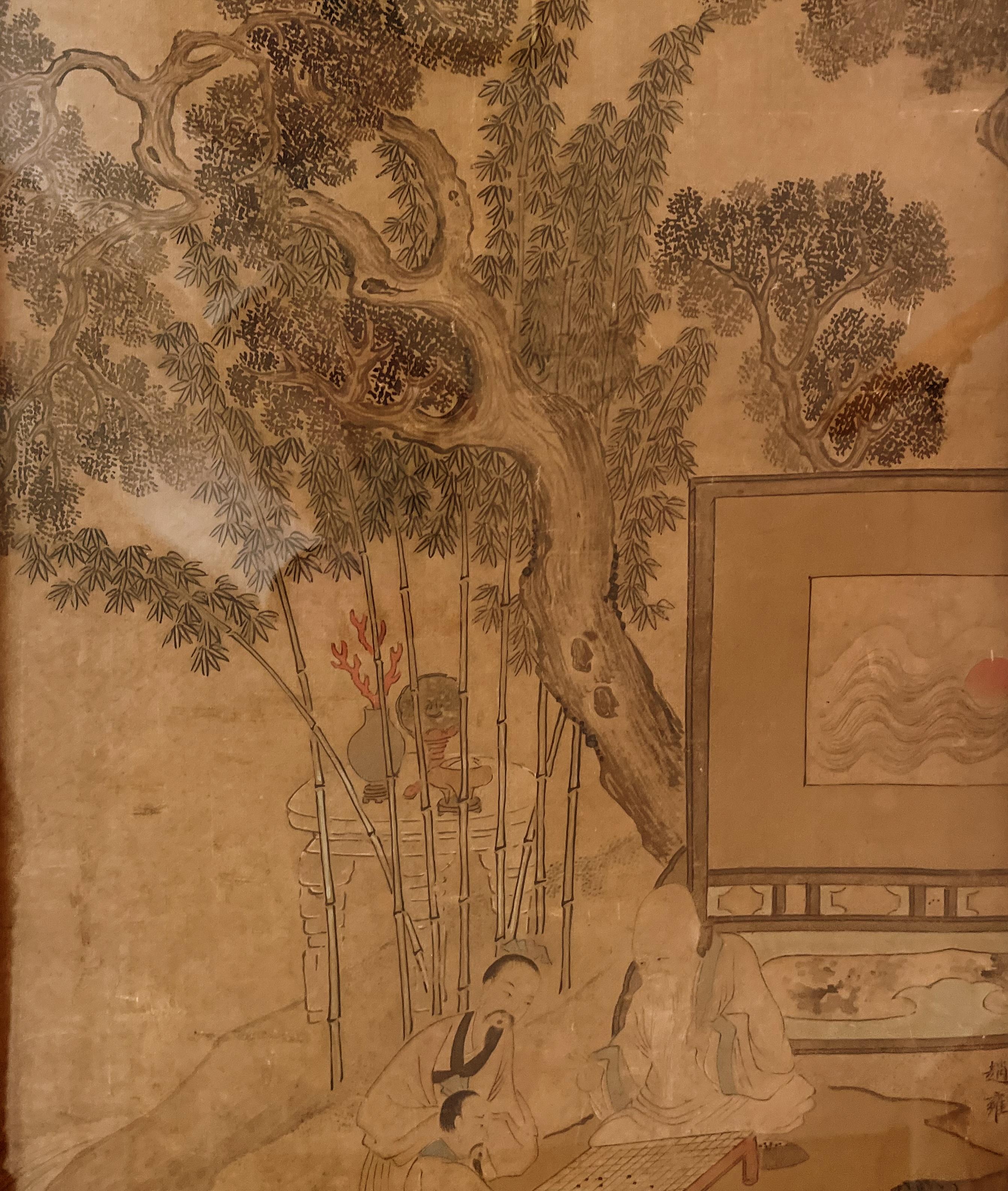 19th Century Framed Chinese Painting of Landscape of Scholars Playing the Game For Sale
