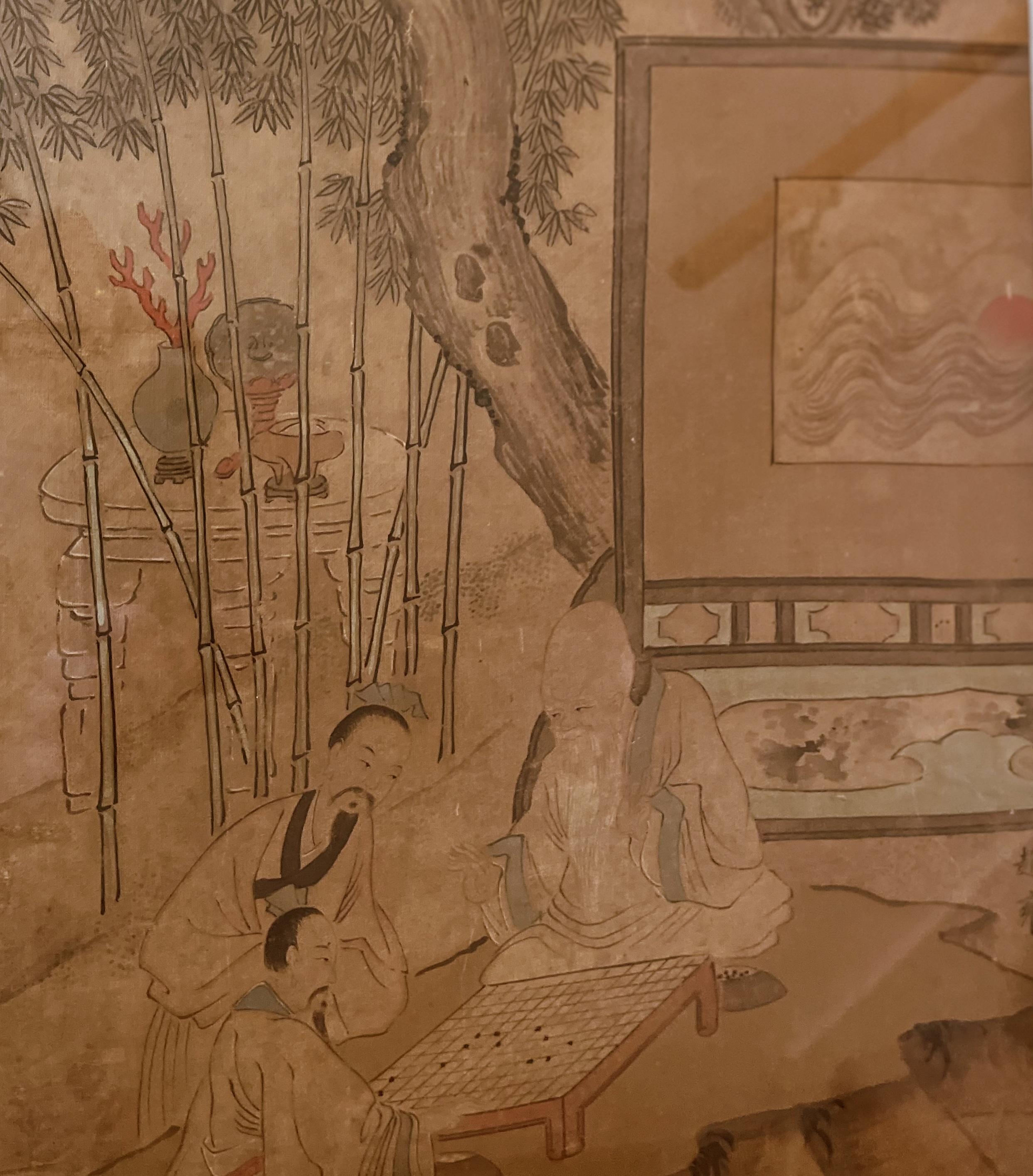 Silk Framed Chinese Painting of Landscape of Scholars Playing the Game For Sale