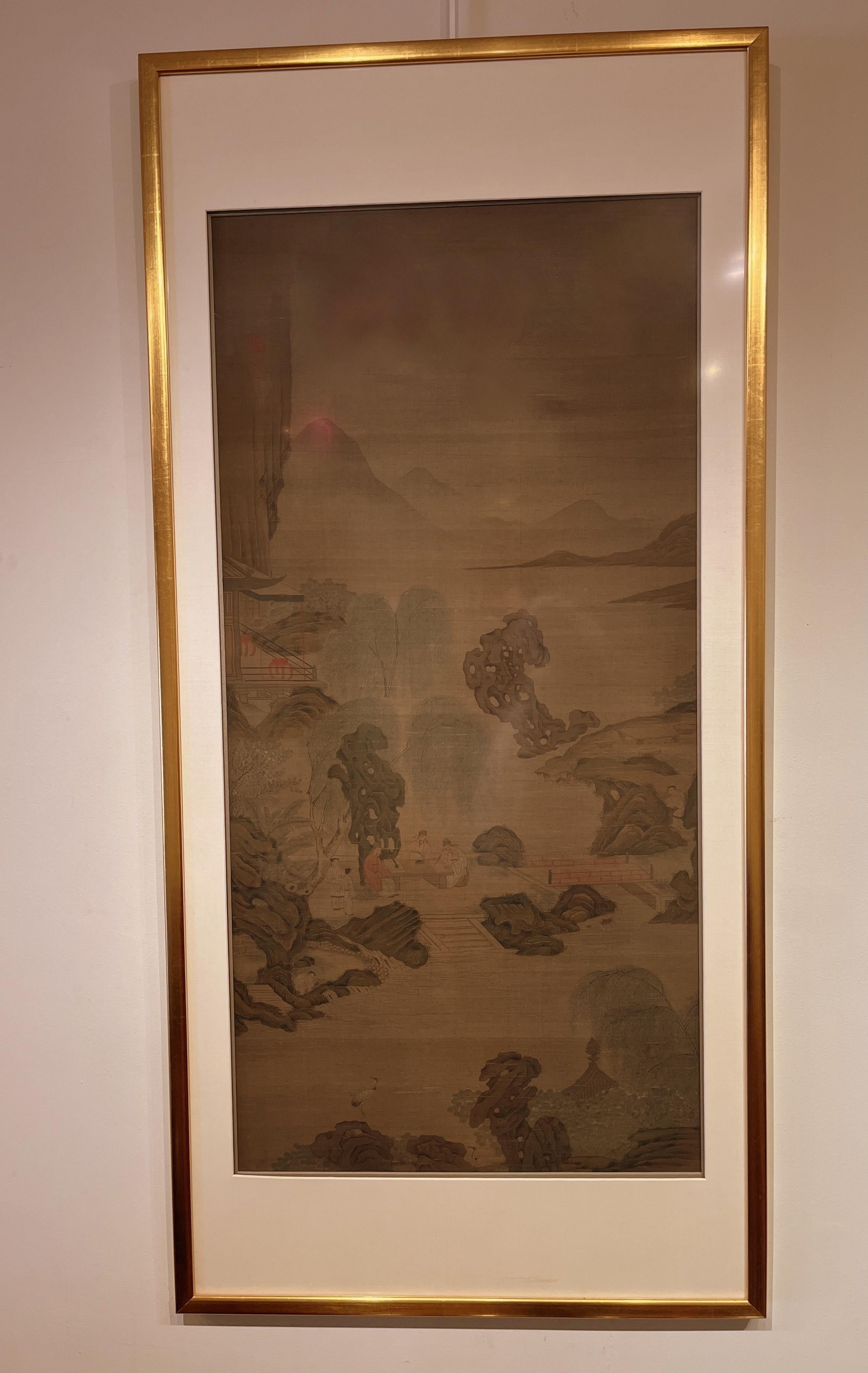 refined Chinese brush painting of landscape, scholars practicing arts in garden, ink and color on silk, 19th century
Conservation framed

Overall size with framed:  58.5