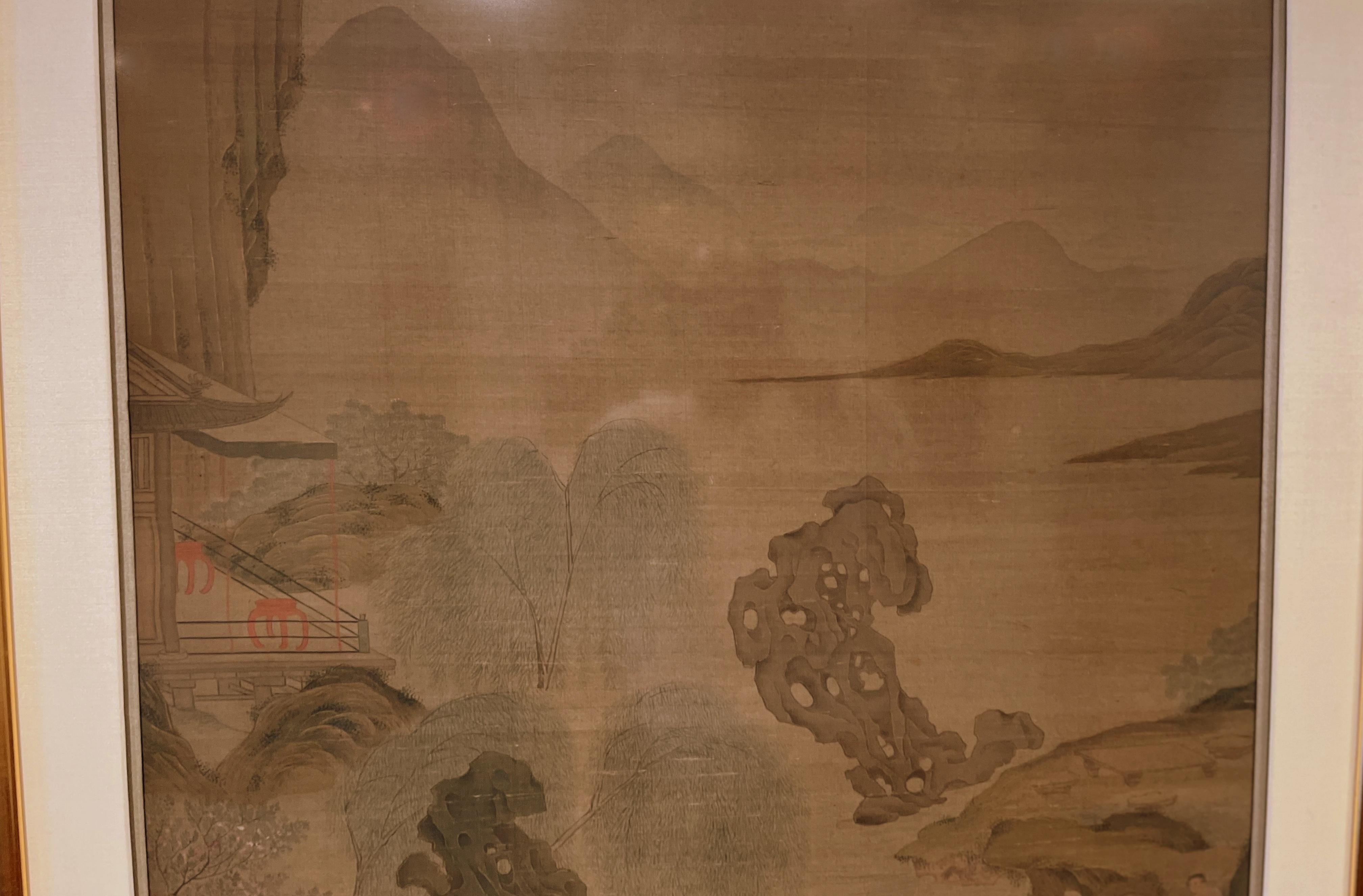 Qing Framed Chinese Painting of Scholars in the Landscape For Sale