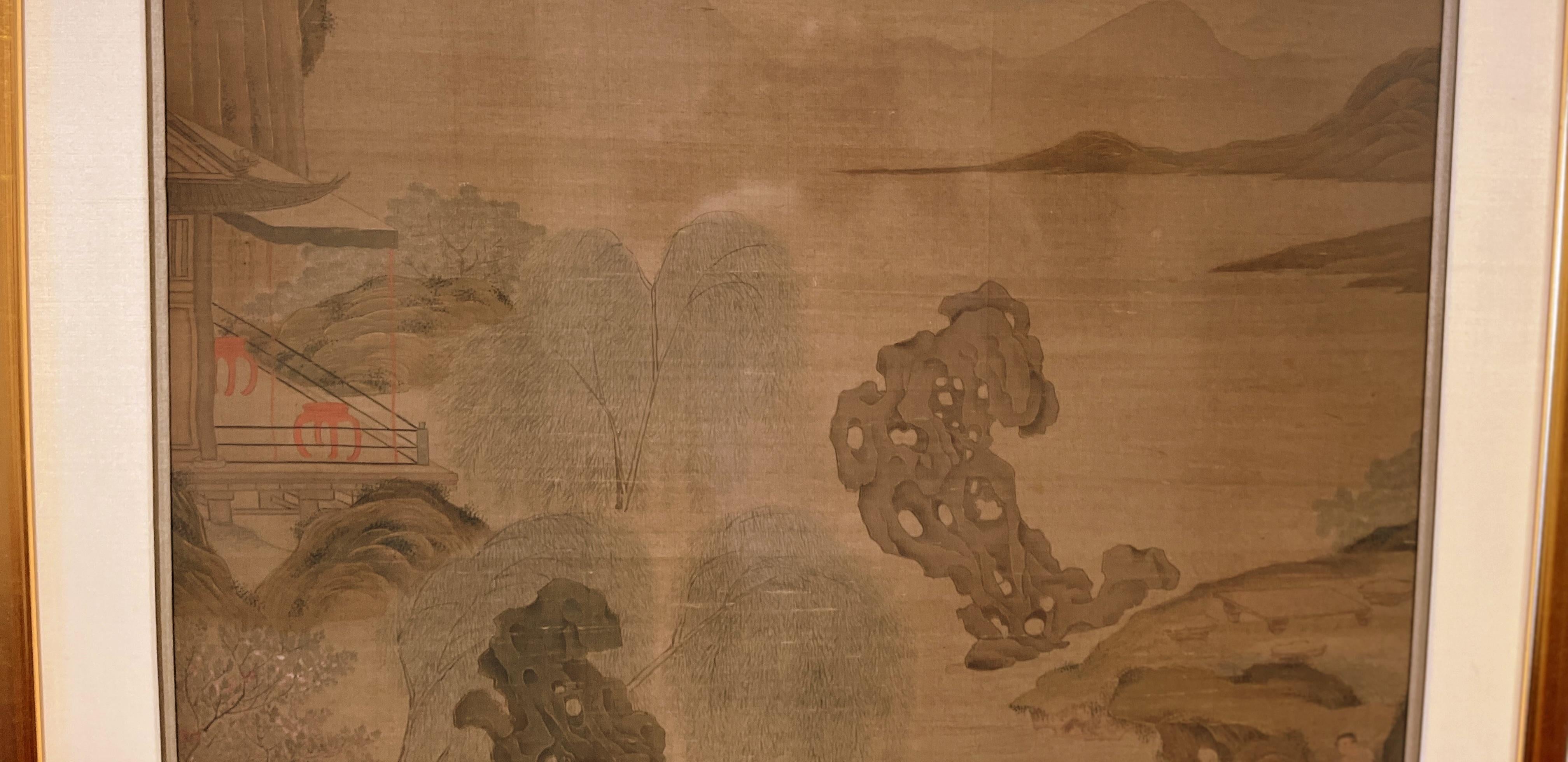 Painted Framed Chinese Painting of Scholars in the Landscape For Sale