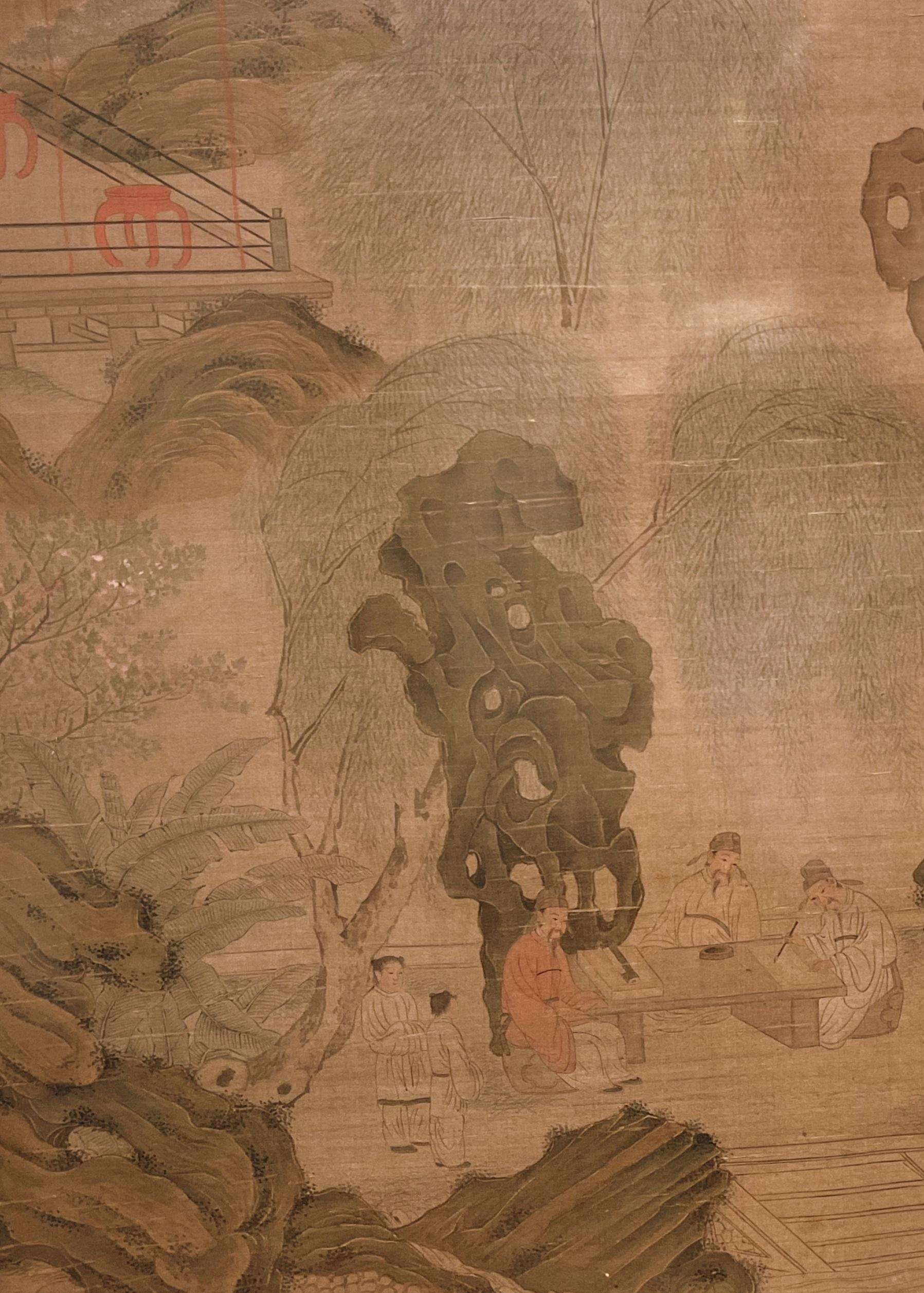 19th Century Framed Chinese Painting of Scholars in the Landscape For Sale