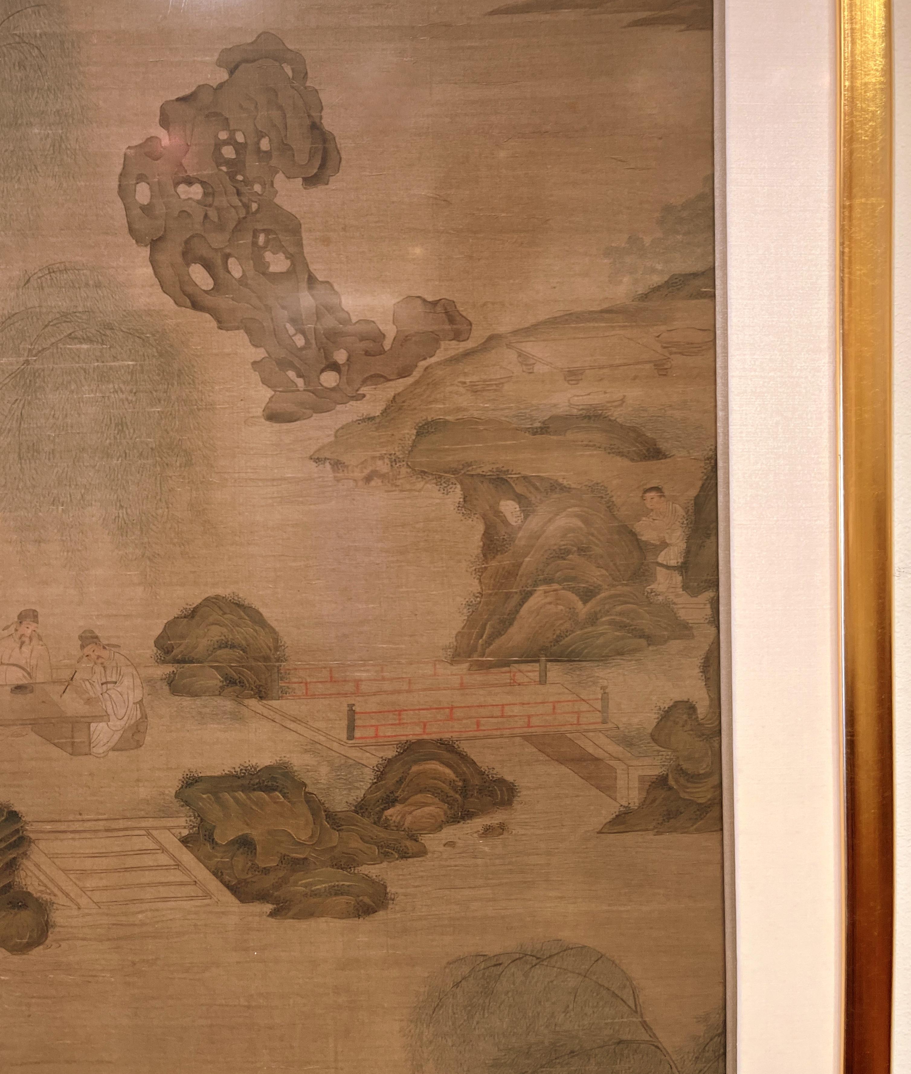 Silk Framed Chinese Painting of Scholars in the Landscape For Sale