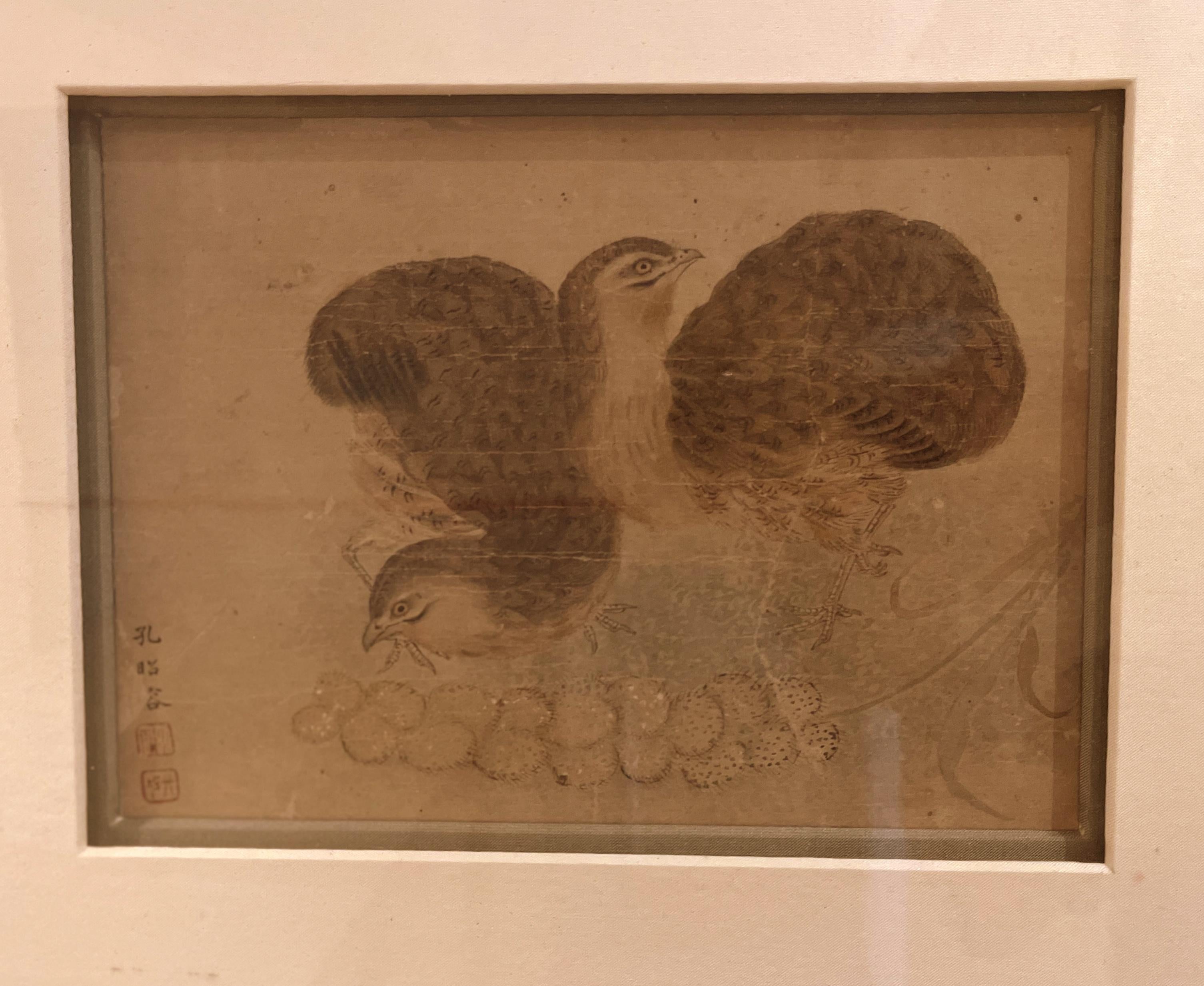 Hand-Painted Framed Chinese Painting with Quails and Eggs For Sale