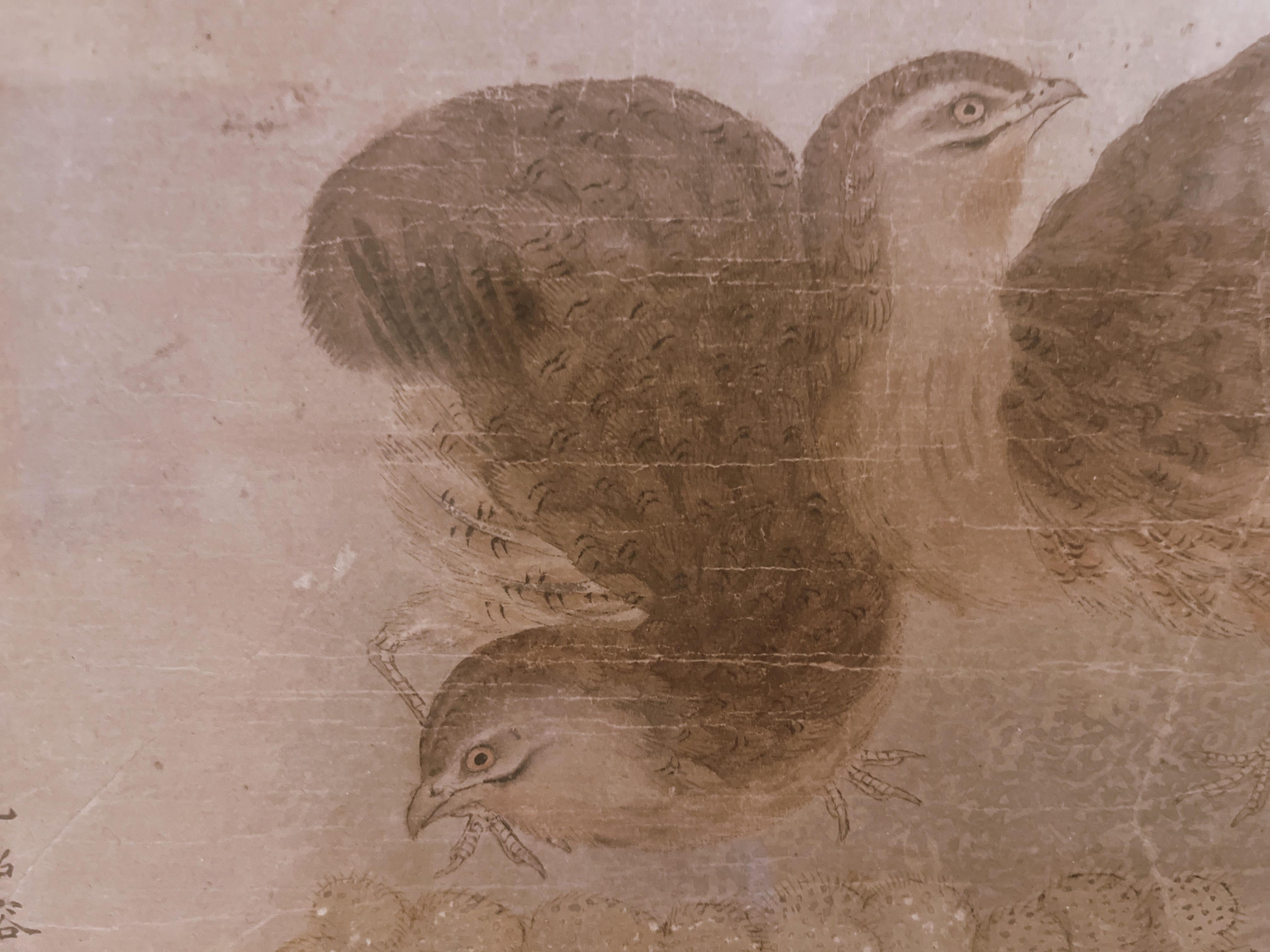 19th Century Framed Chinese Painting with Quails and Eggs For Sale
