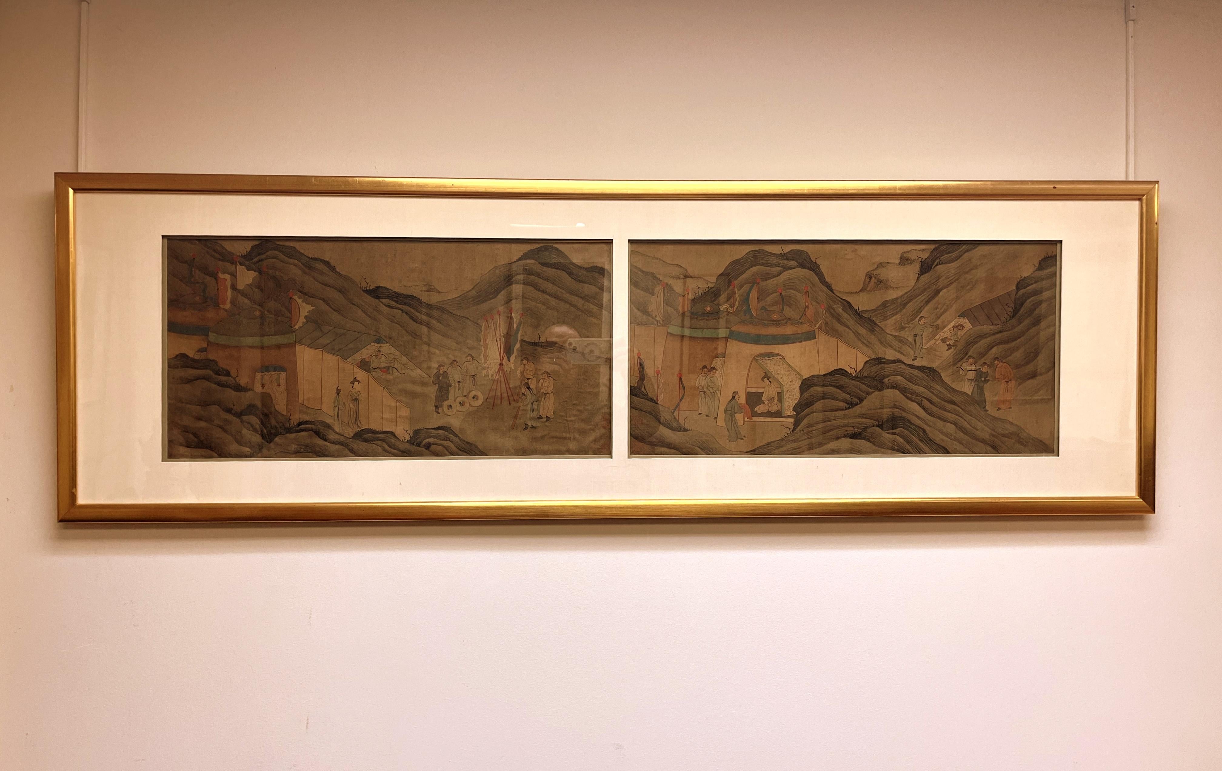 Framed Pair of Chinese Paintings of Northern Asian Nomadic Ethnic Group Livings 
Depicted Northern Asian nomadic people daily life and living in the tents of the great plain in northern Asia.  
ink and color on silk, 19th century
One signature on